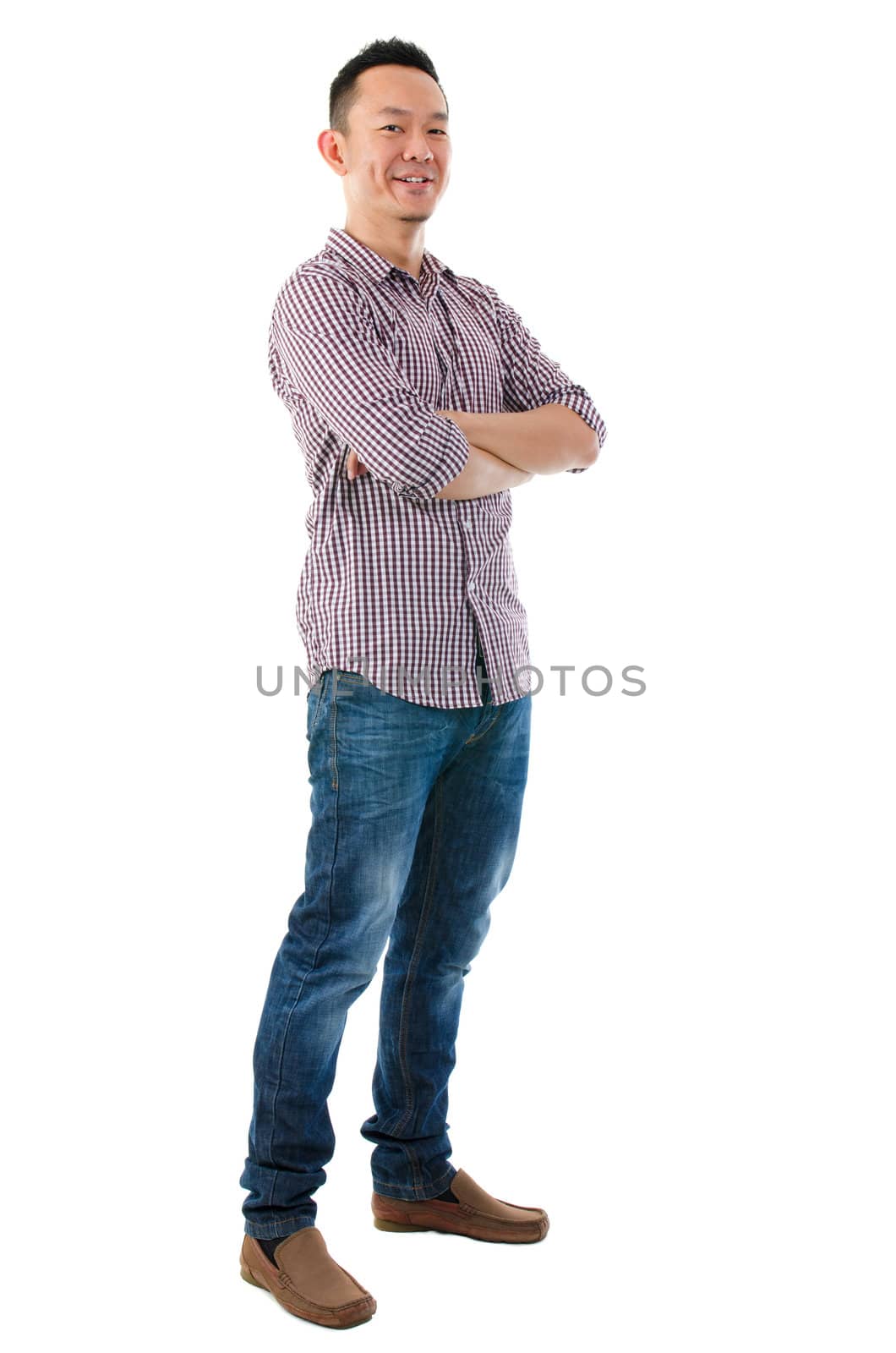 Confident full body Asian man standing  isolated on white background