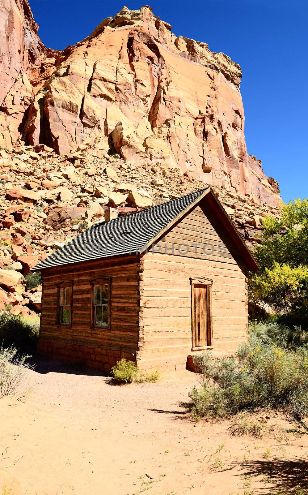 Historic one room log school house in Capitol Reef National Park Utah 