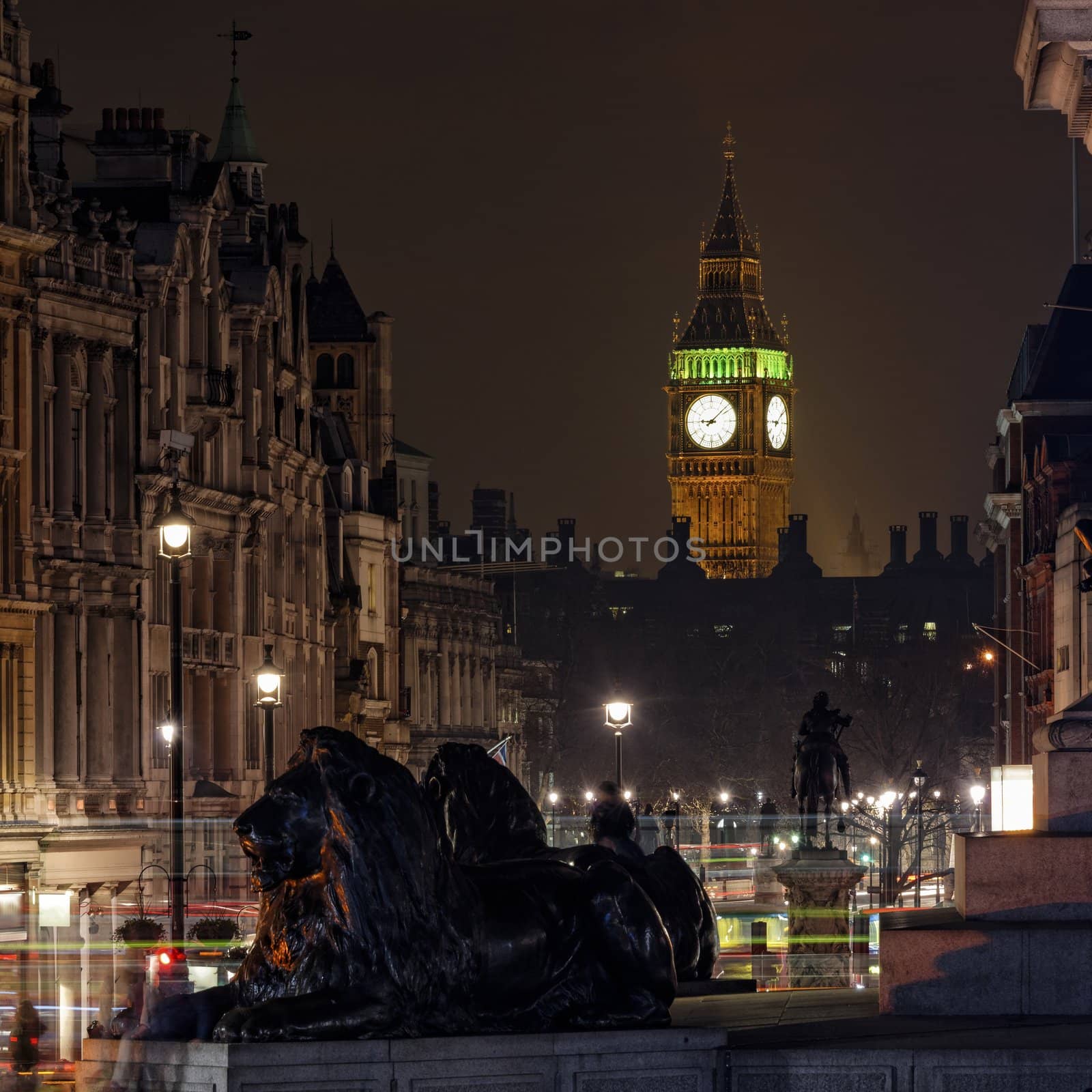 Elizabeth Tower also known as the Clock Tower seen from Trafalgar Square at night, London, England, UK