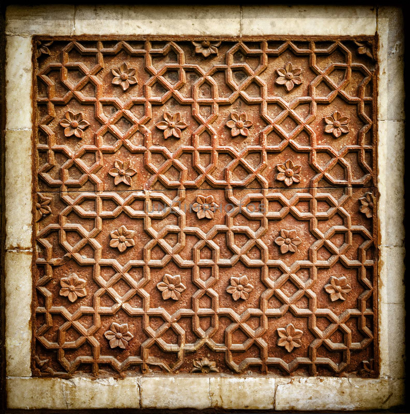 Decorative detail of stone carving in Agra Fort. Agra, Uttar Pradesh, India.