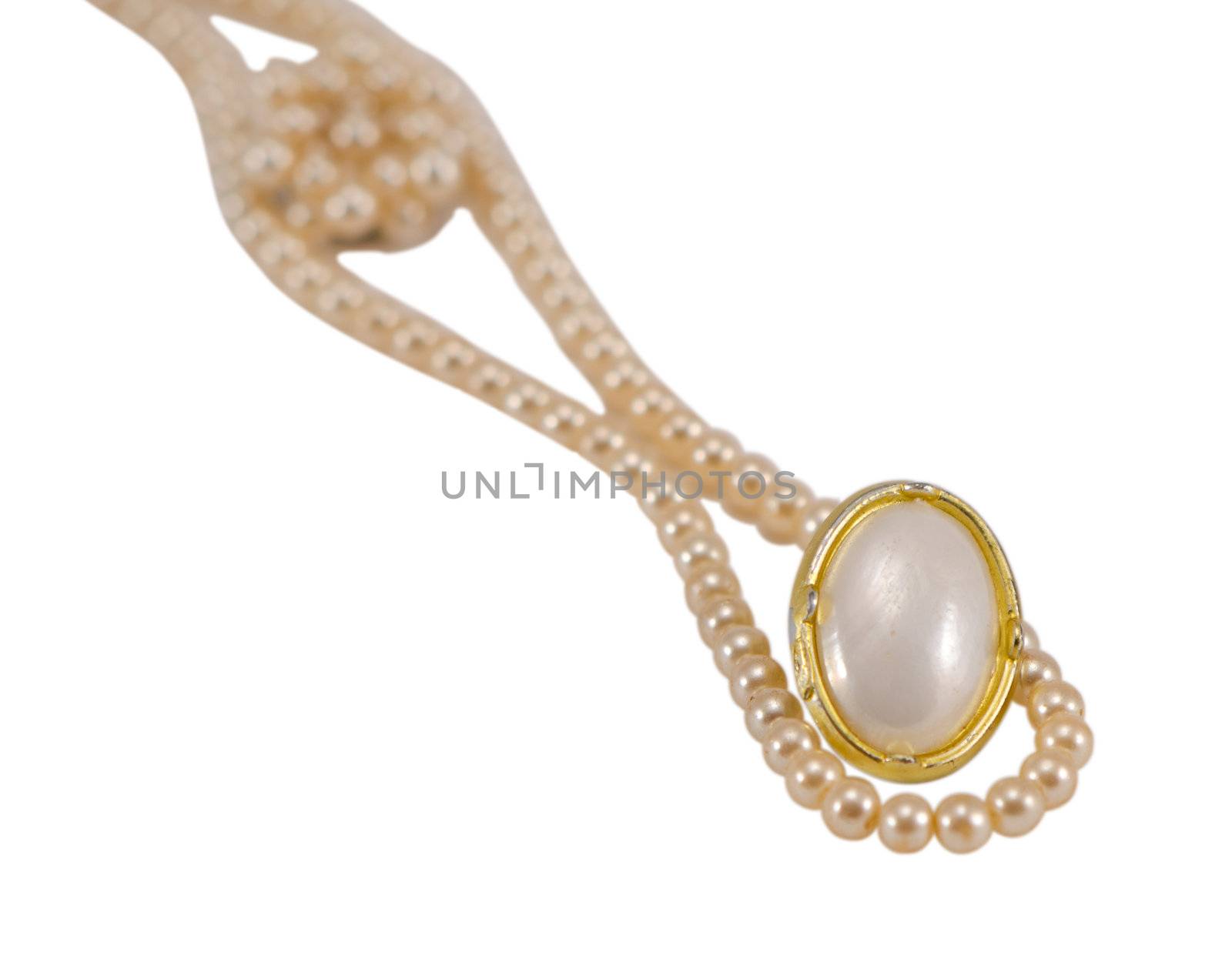 pearl beads chain jewelry apparel necklace and old retro grunge earring closeup isolated on white background.