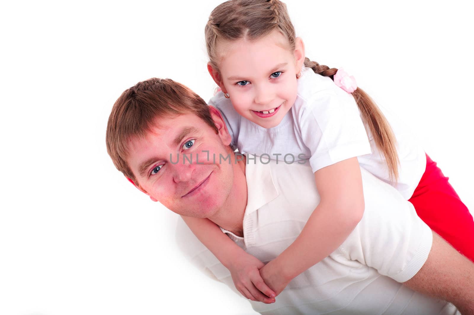 portrait of father and daughter playing together, isolated on white