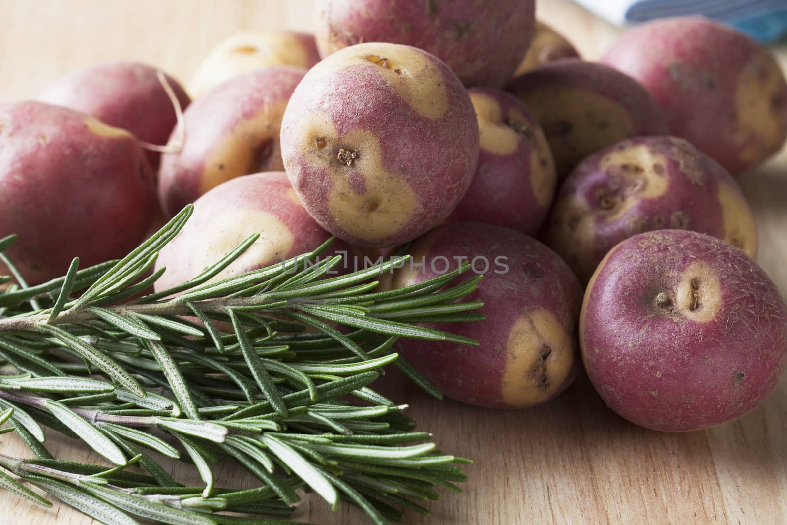 Apache potatoes raw on cutting board with rosemary