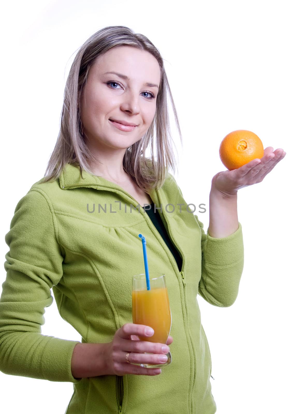 Girl with orange juice and oranges in hand isolated on white background
