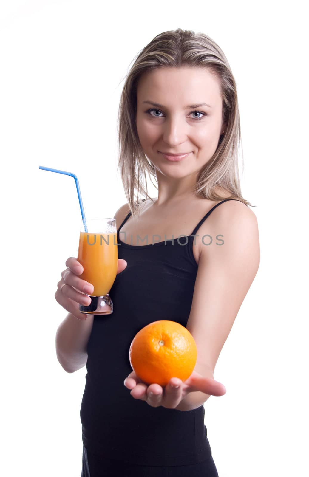 Girl with a glass of orange juice isolated on white background
