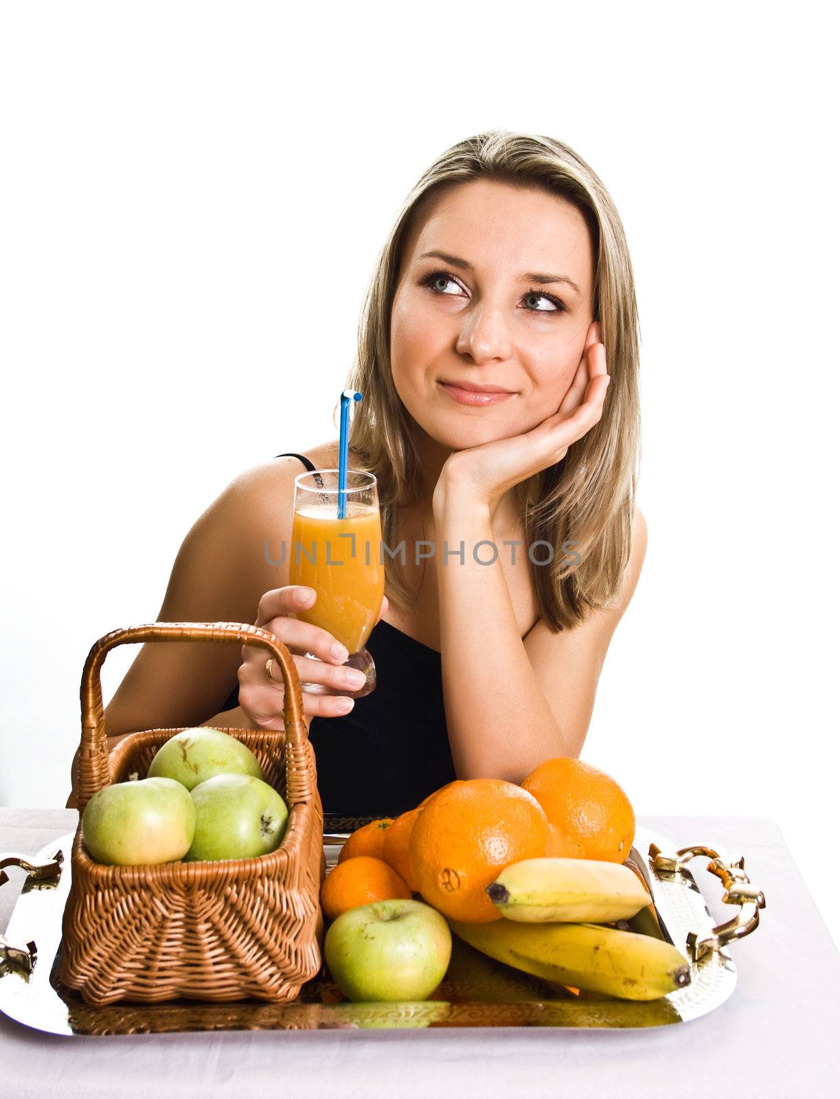 girl behind the desk at which the fruit and juice