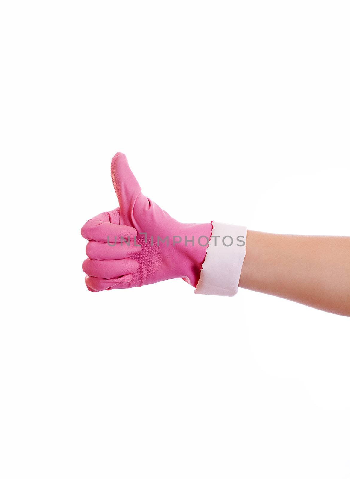 Woman hand in pink rubber glove gesturing ok (yes)