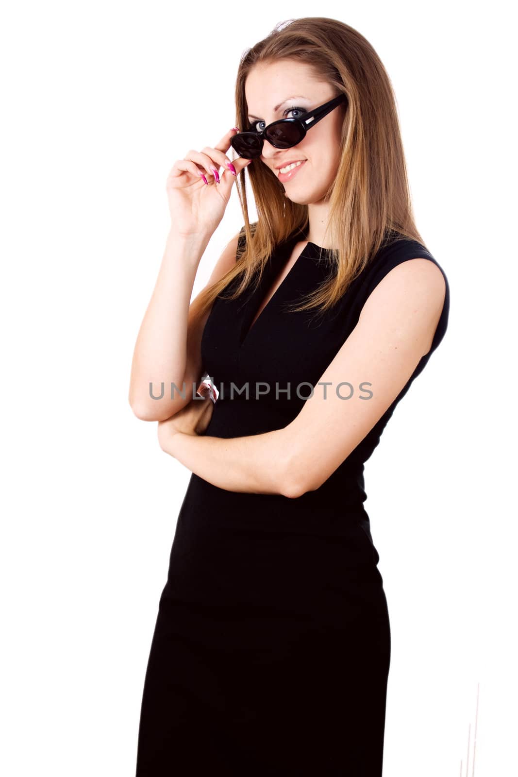 Girl dressing glasses isolated on white background

