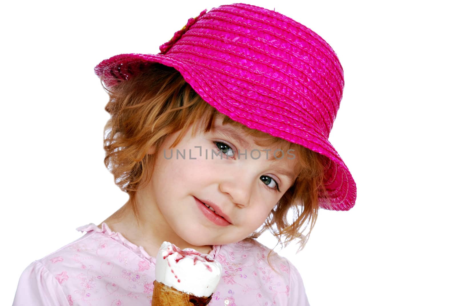 Little girl with red hat and ice cream studio shot