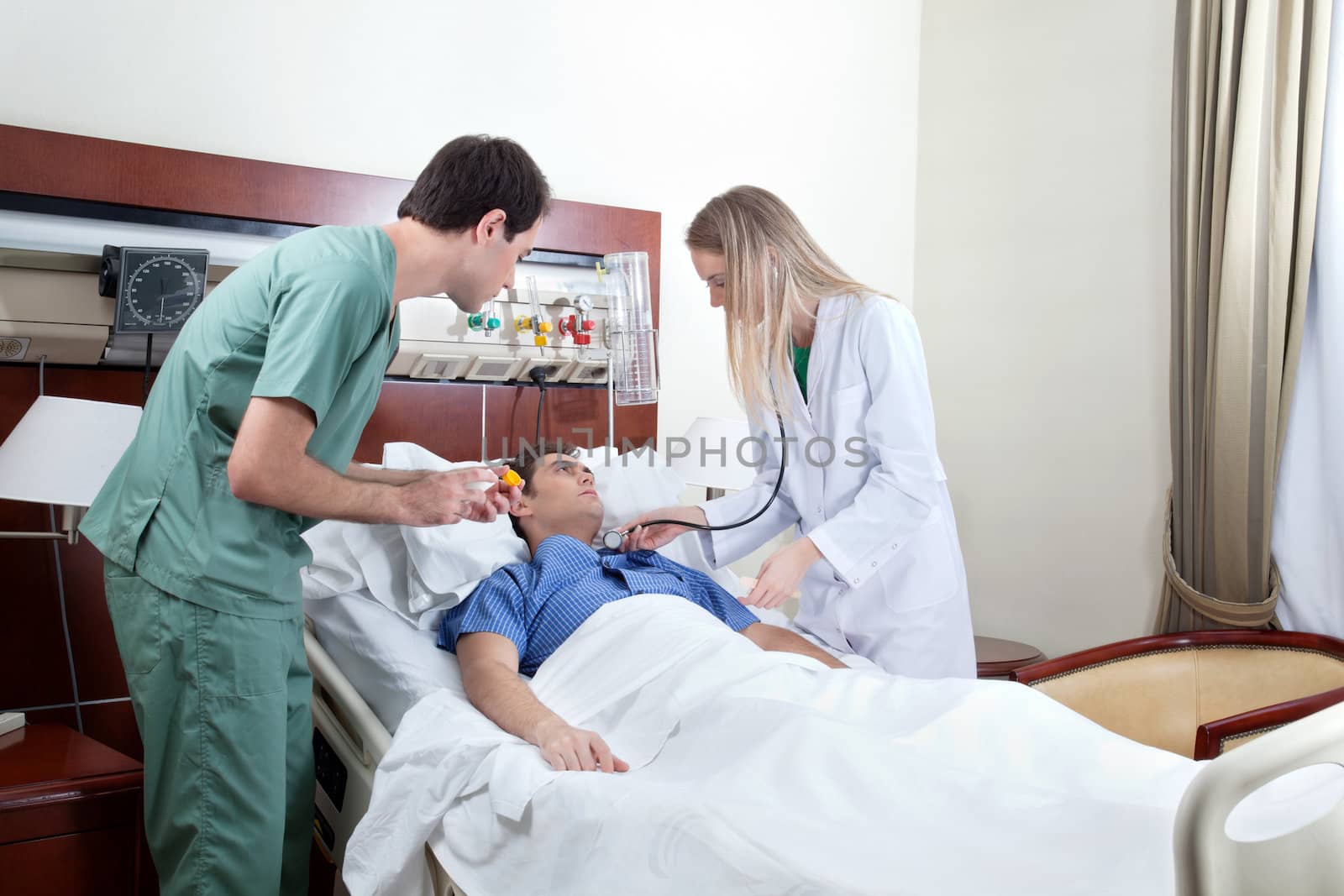 Doctor examining patient by leaf
