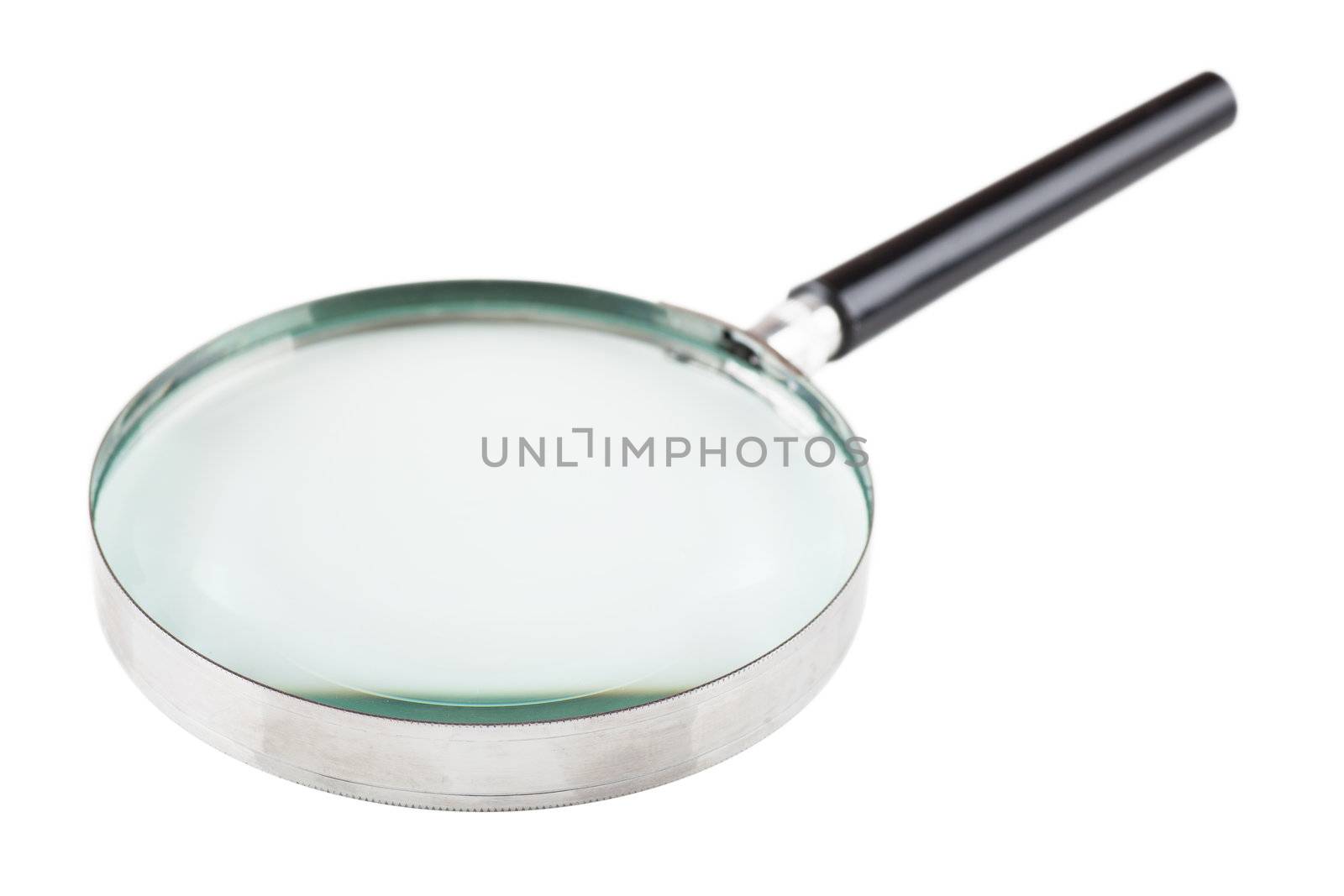 Closeup view of magnifying glass isolated over white background