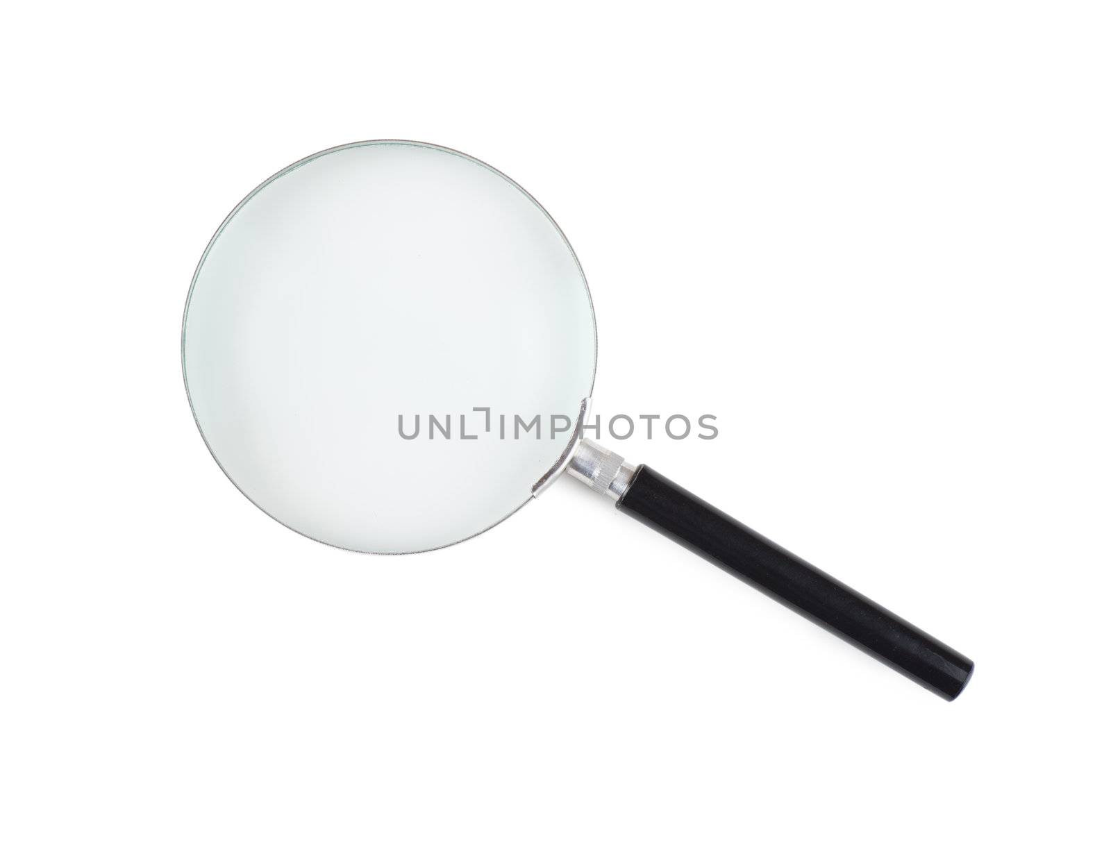 Closeup view of magnifying glass isolated over white background