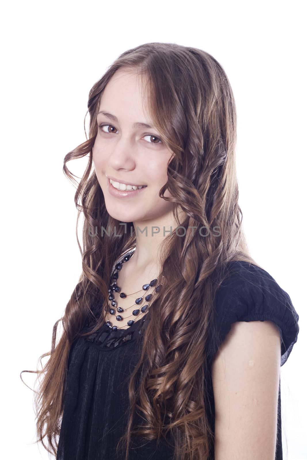 European woman standing against white background