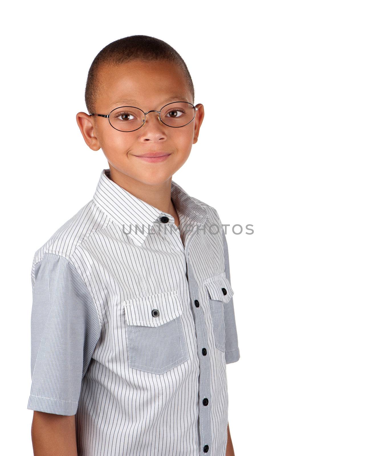 A friendly teenage boy wears spectacles for better eyesight.