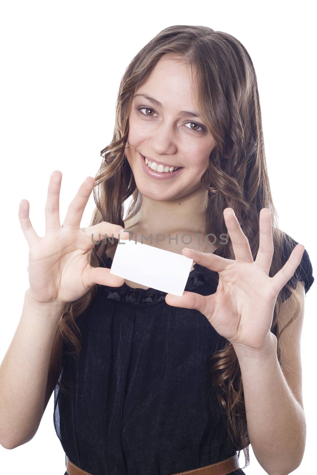 Girl with a piece of paper called an isolated white background