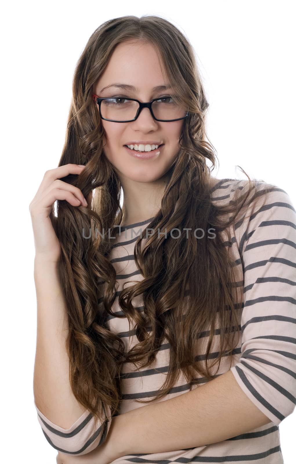 European woman standing against white background