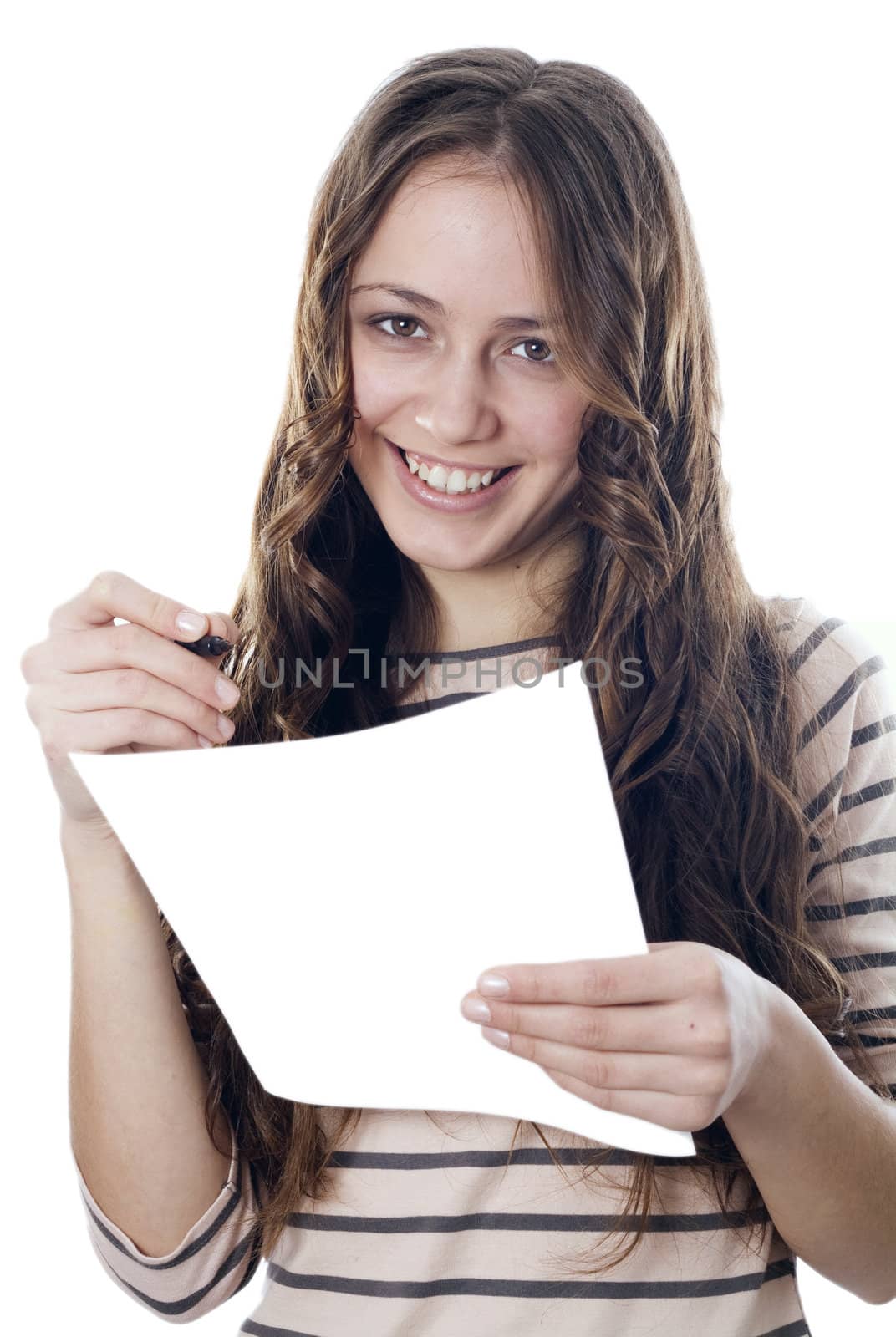 Beautiful girl with pencil and paper thinking about something