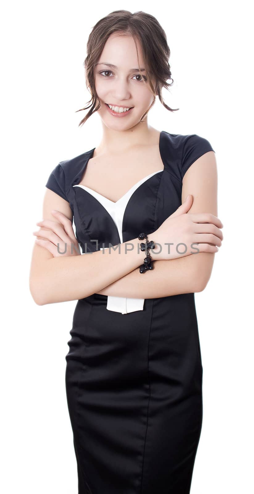 Young business woman standing and smiling isolated on white background