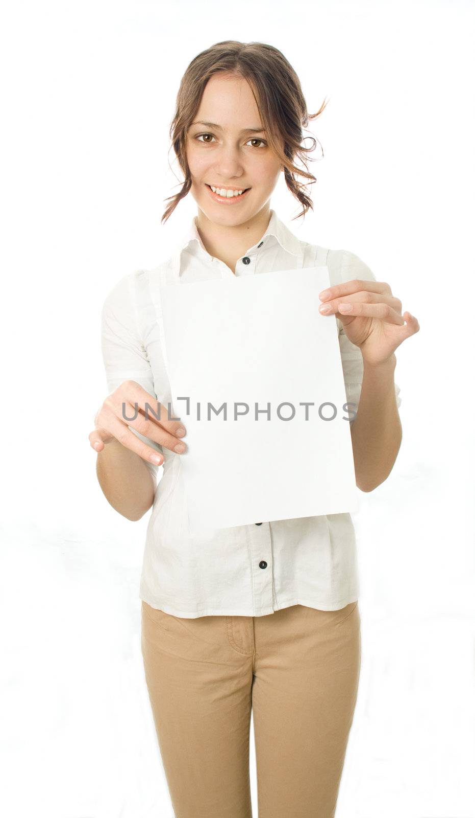 Girl with a piece of paper called an isolated white background
