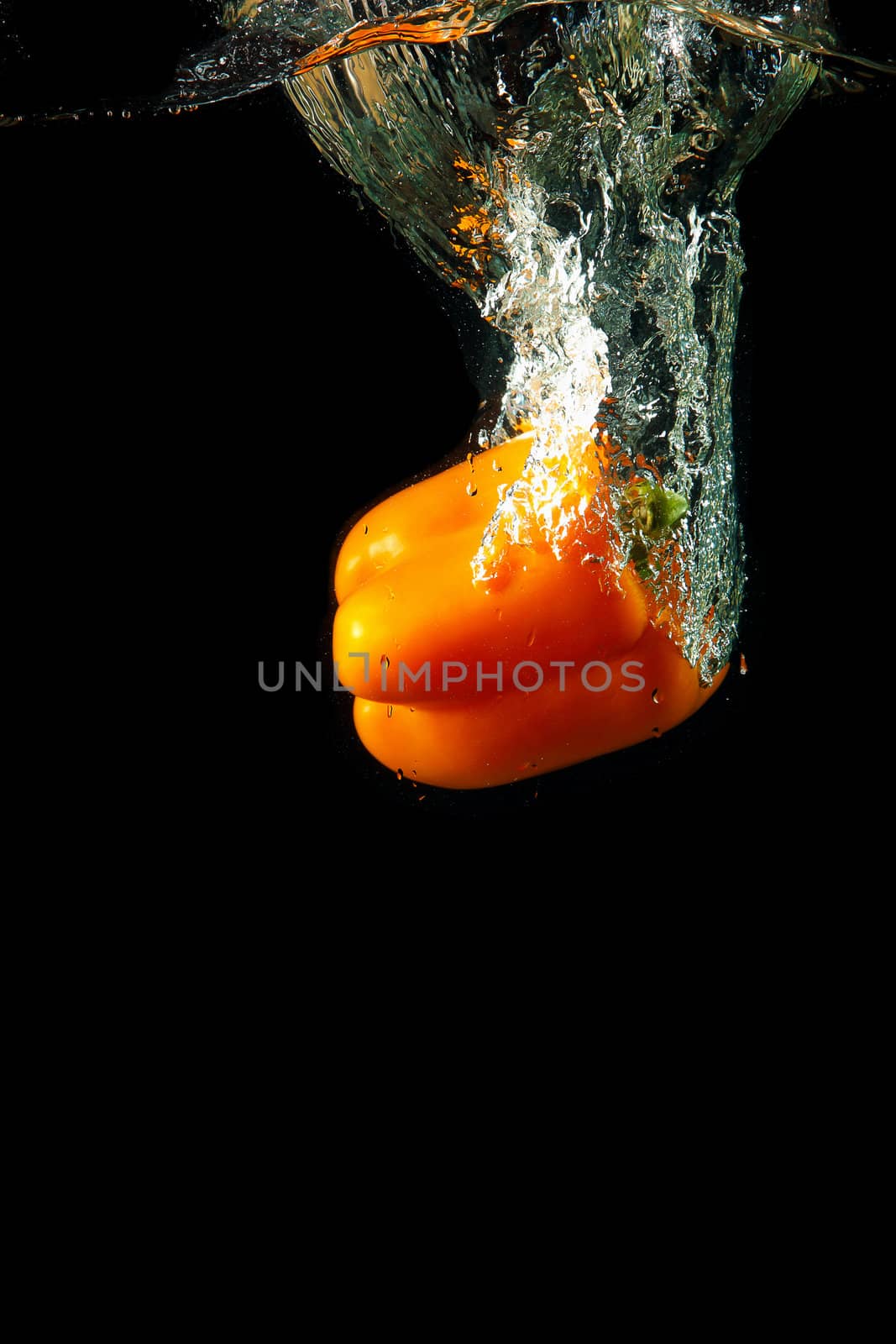 Colored orange paprika in water splashes on black background