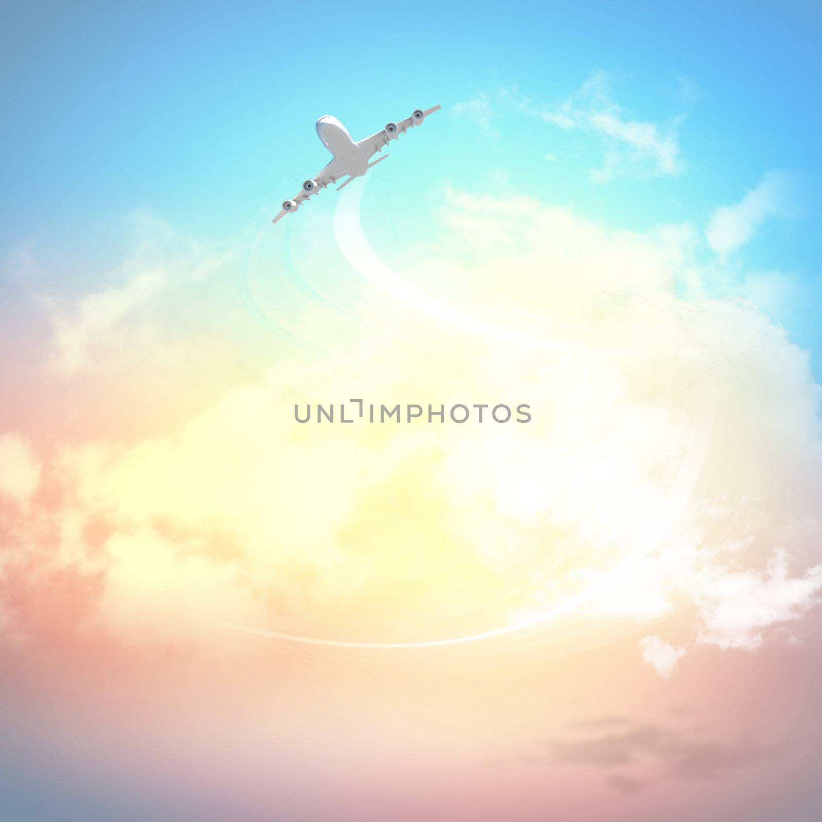 Image of flying airplane in sky with clouds at background