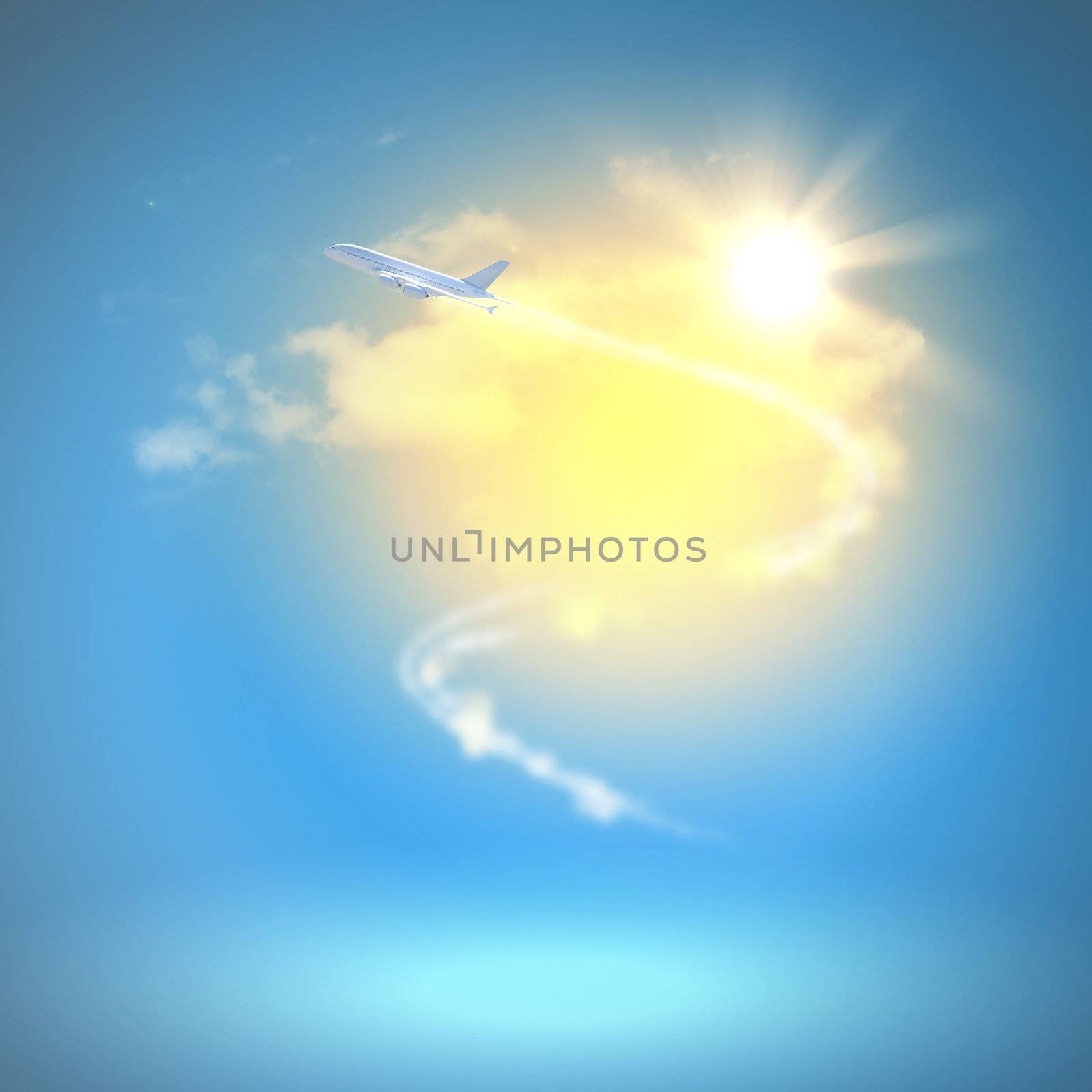 Image of flying airplane in sky with clouds at background