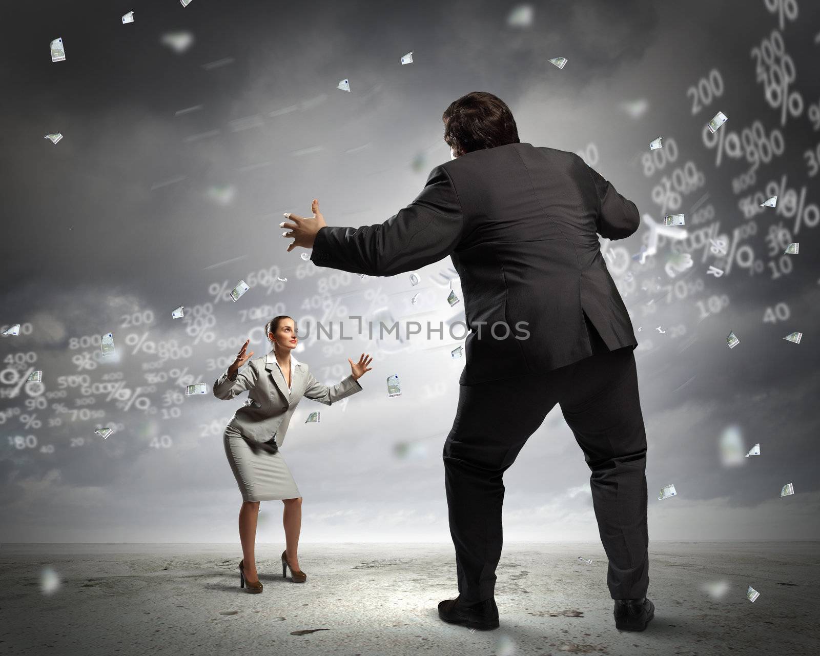 Image of businesspeople arguing and acting as sumo fighters