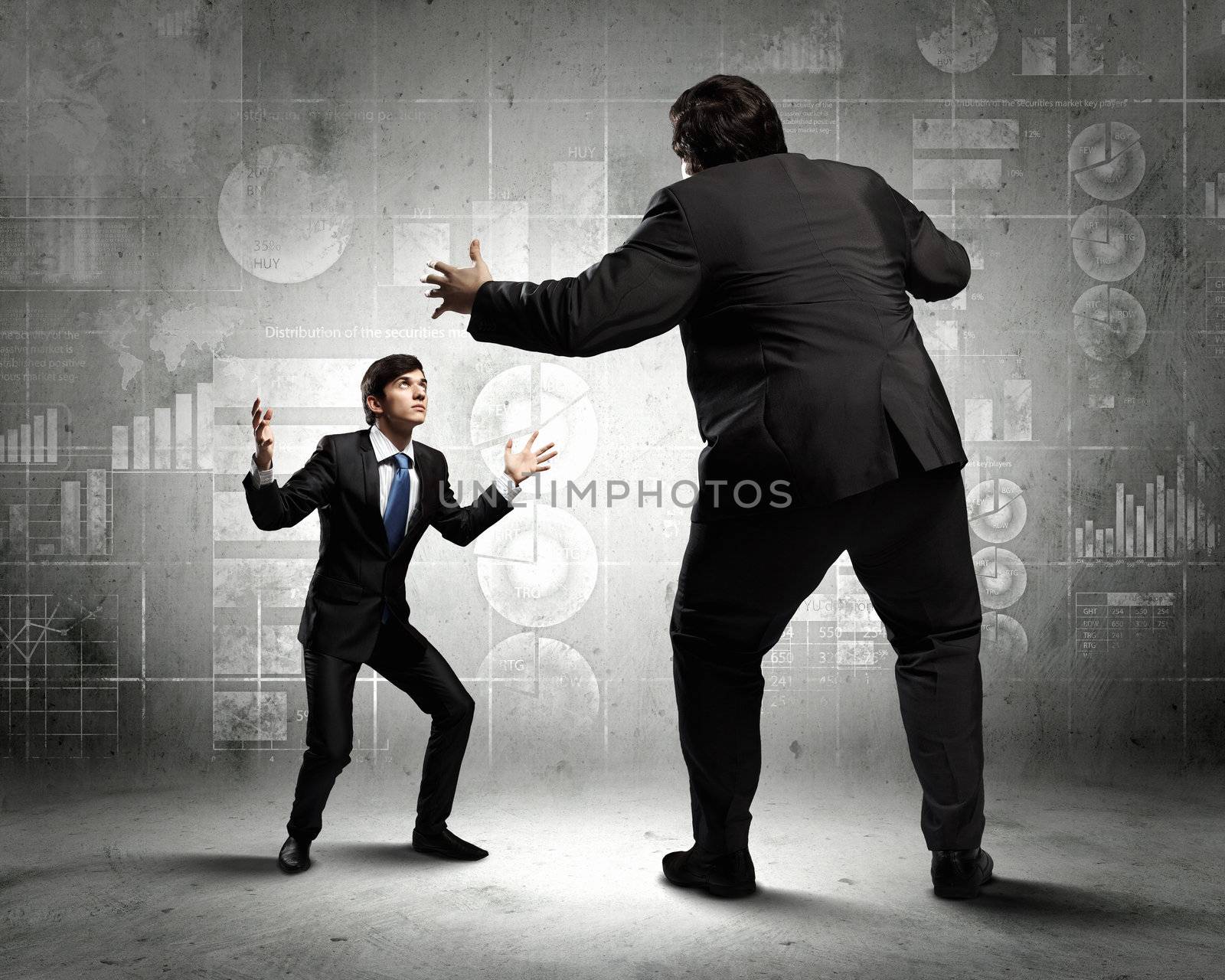 Image of businesspeople arguing and acting as sumo fighters