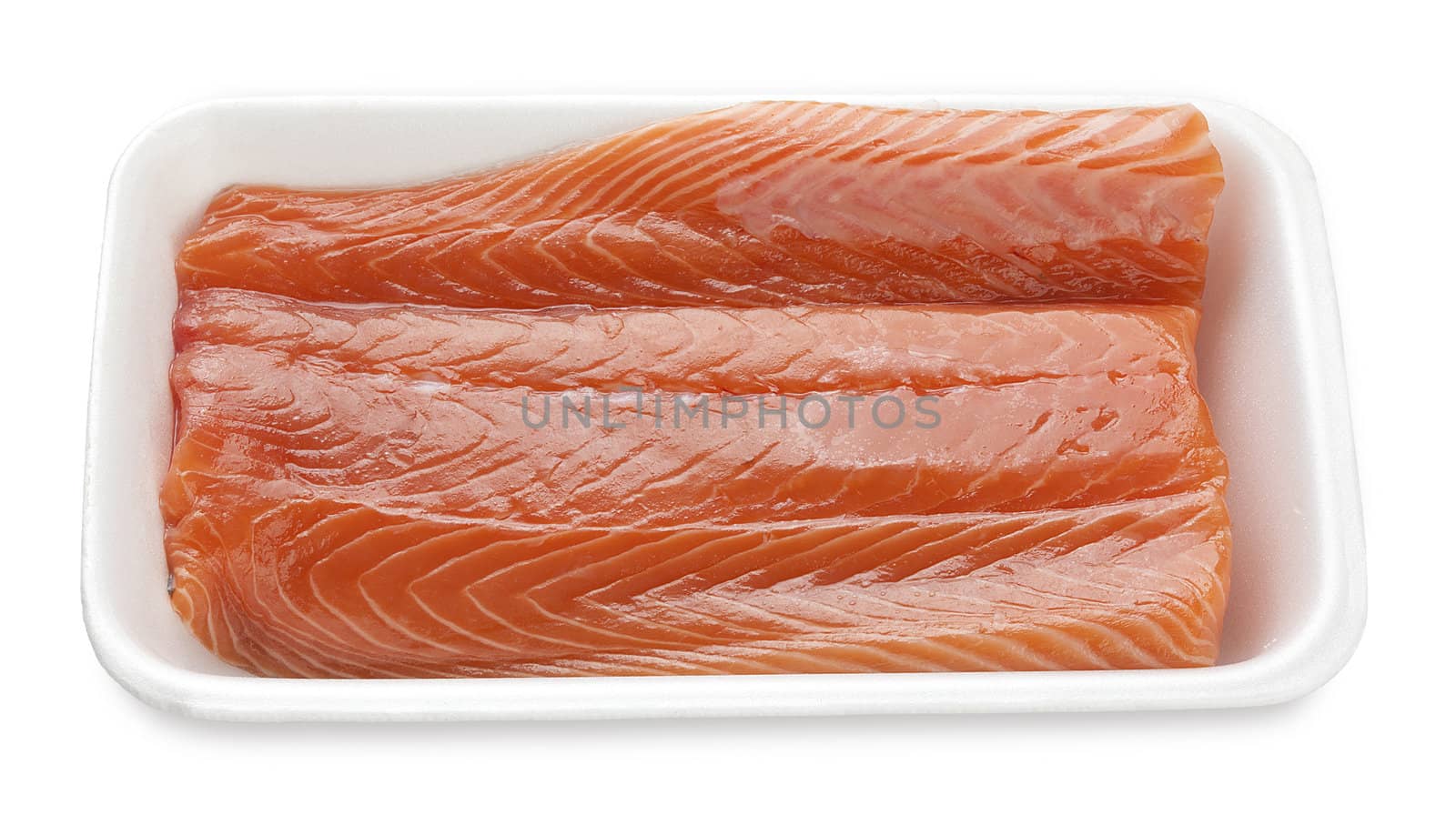 Raw chunk of salmon's fillet on the white plastic tray