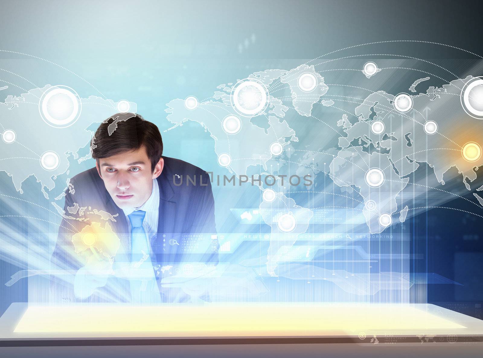 Image of young businessman clicking icon on high-tech picture