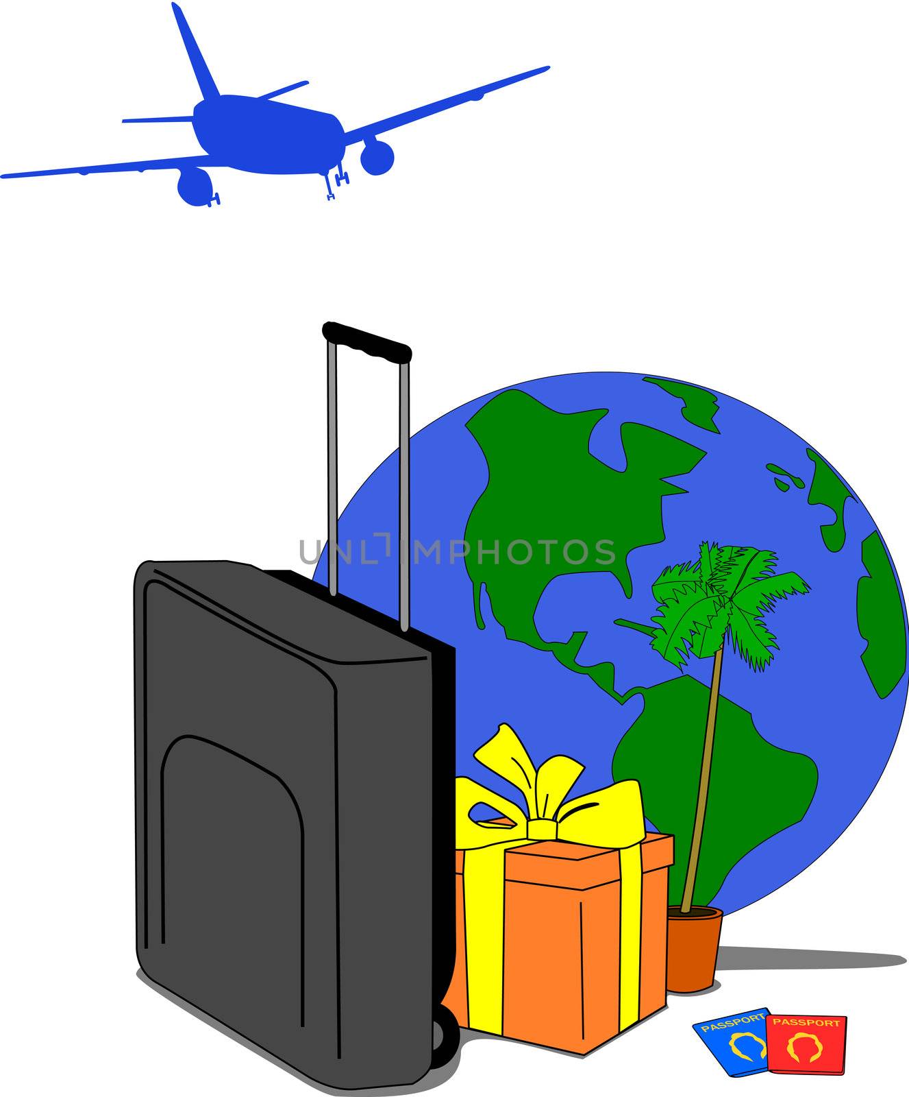 Image containing traveling motives such as suitcase, jet, gift, palm tree, globe and passports.