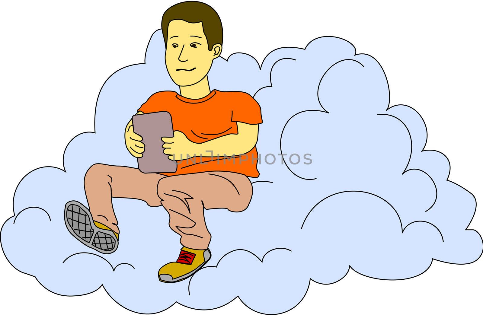 Young man checks his tablet while he sits in a cloud.