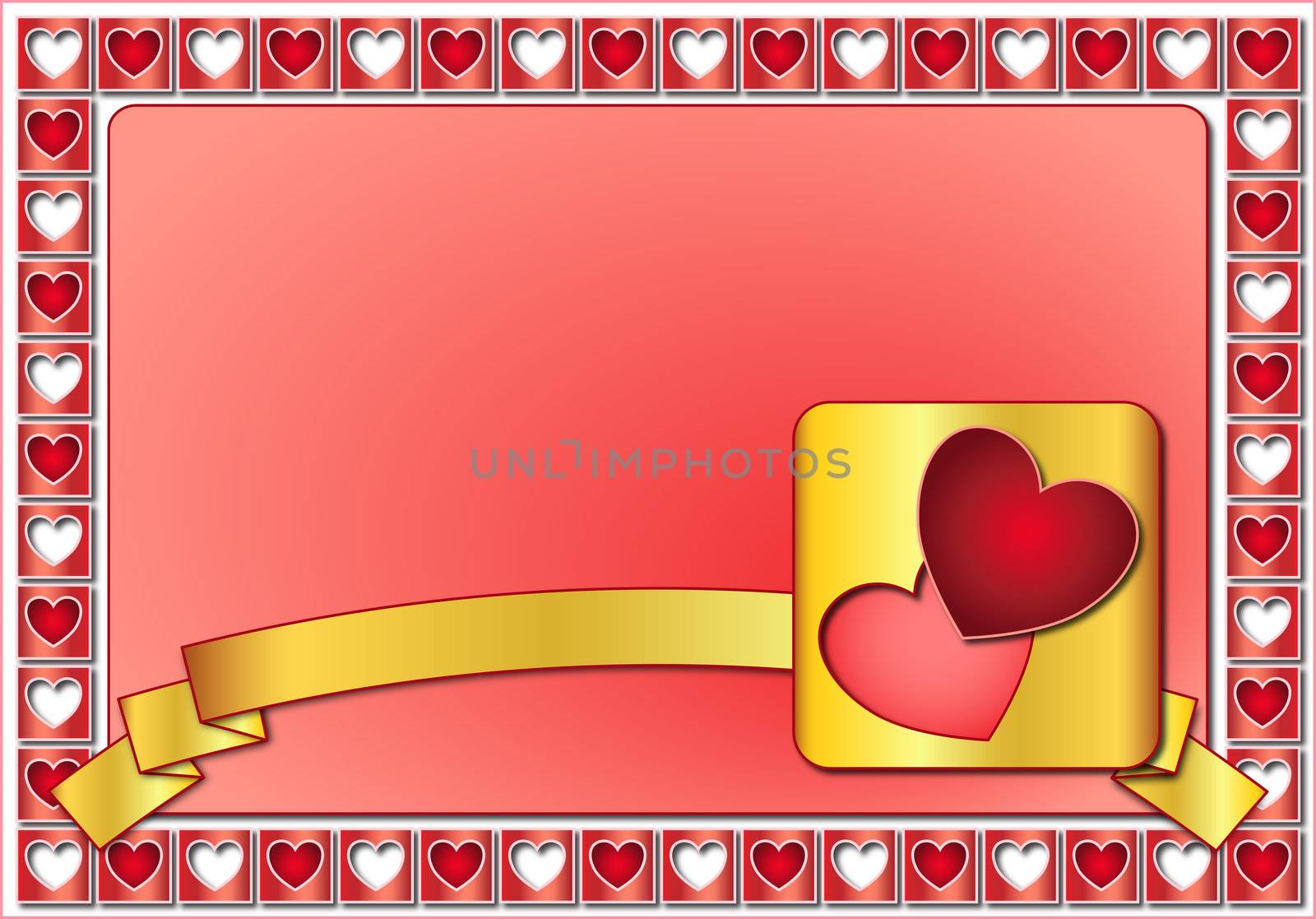 Valentine frame with red hearts and pictogram with golden ribbon