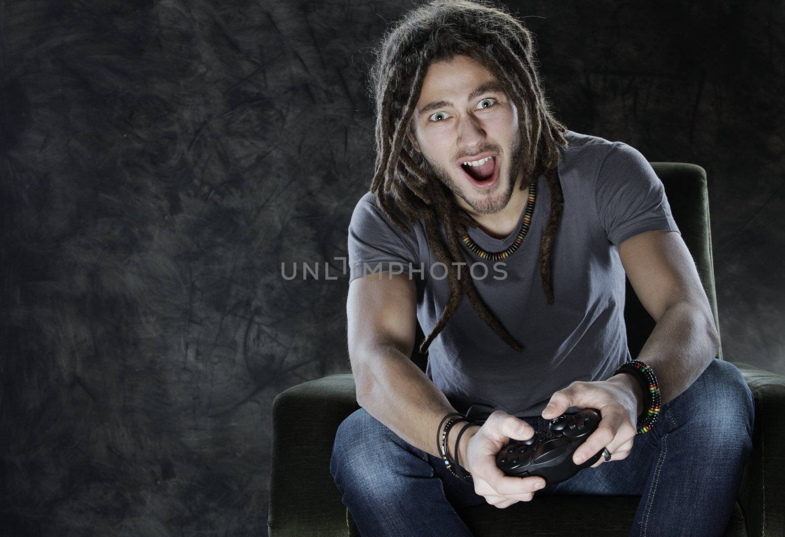 Young man enjoys playing games