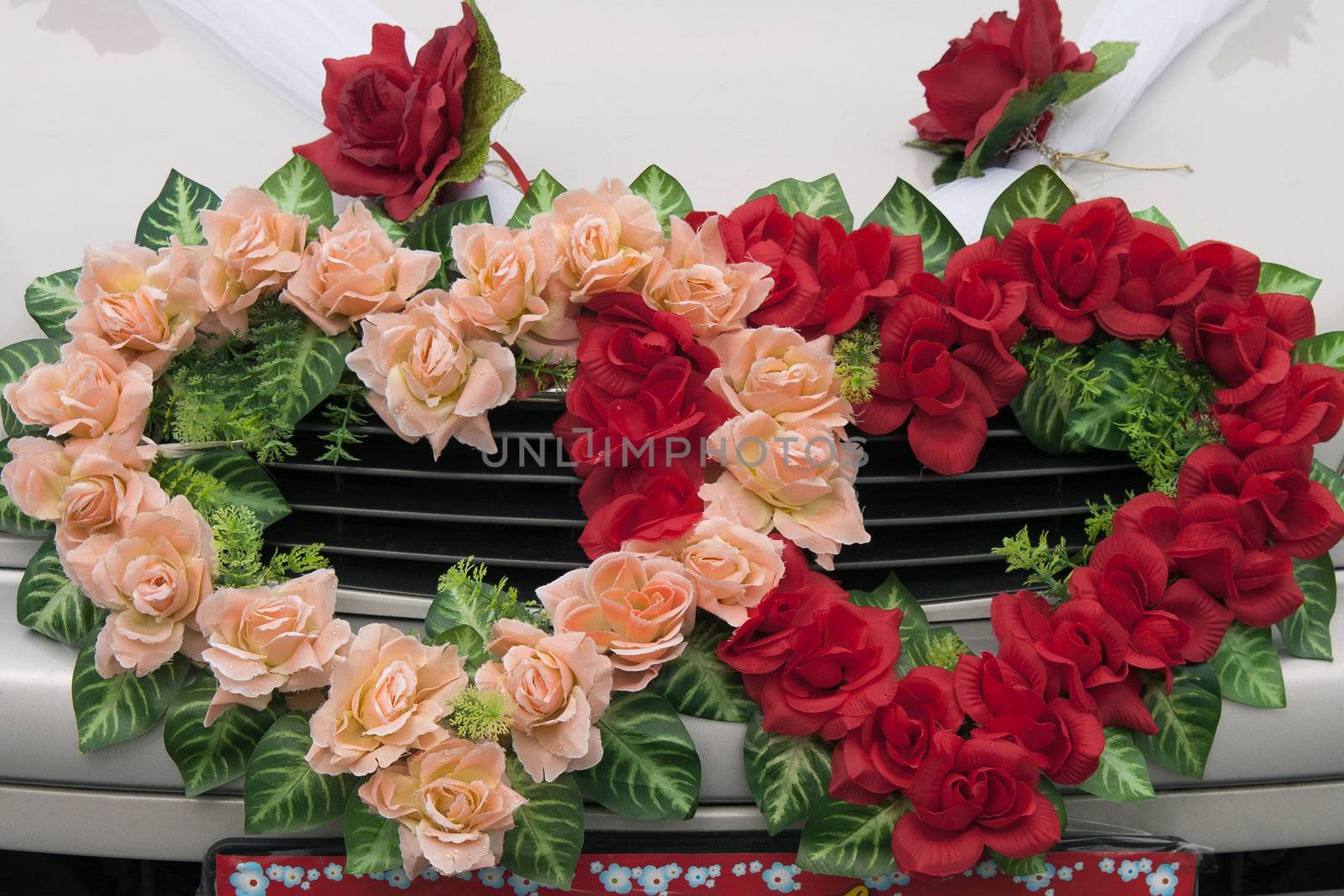 Bridal wreath on a car hood