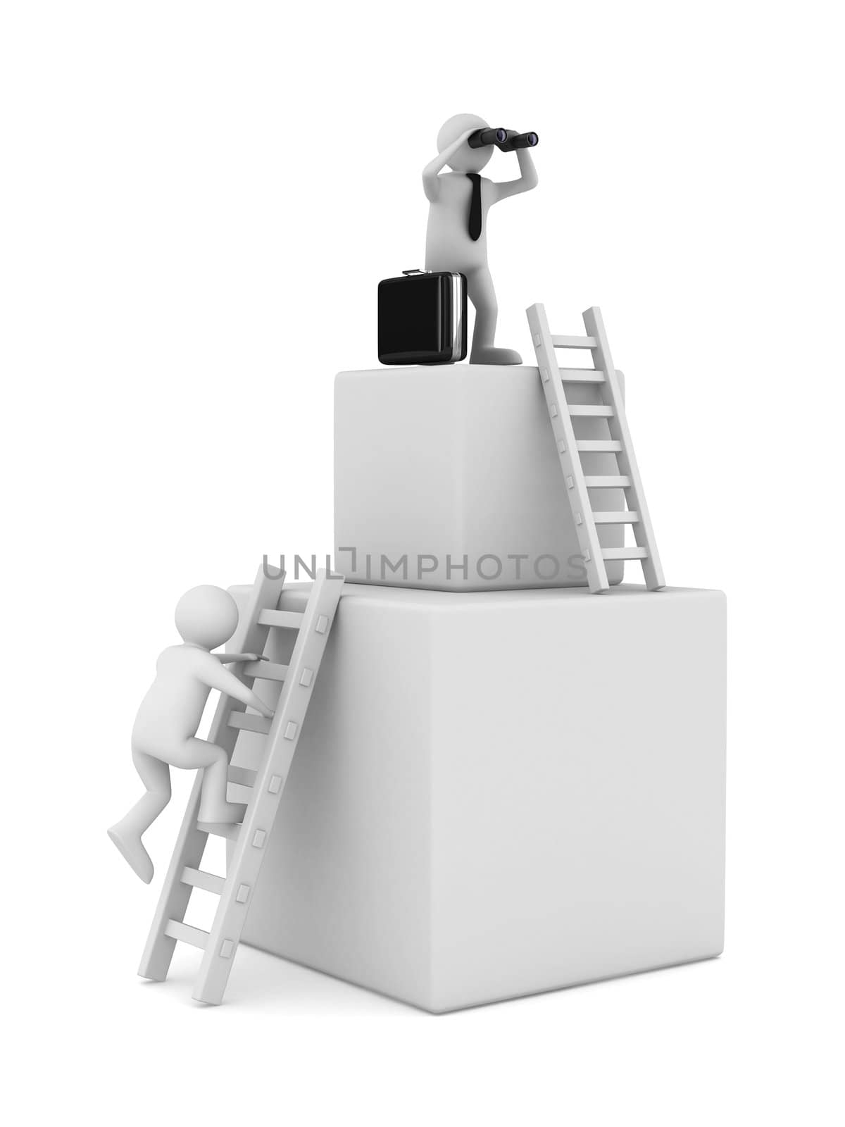 man on box and staircase. Isolated 3D image