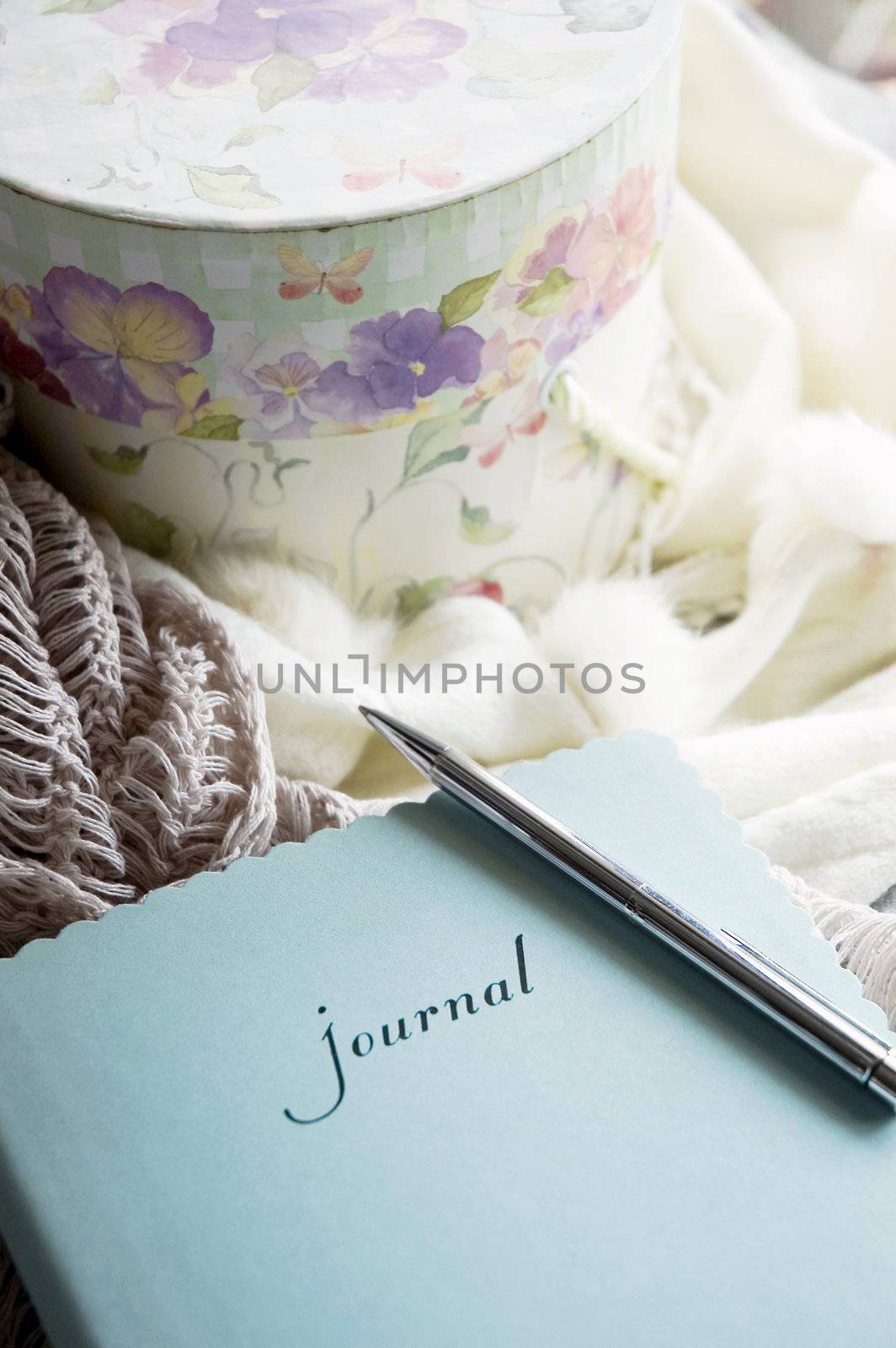 woman's journal and flower box in window light