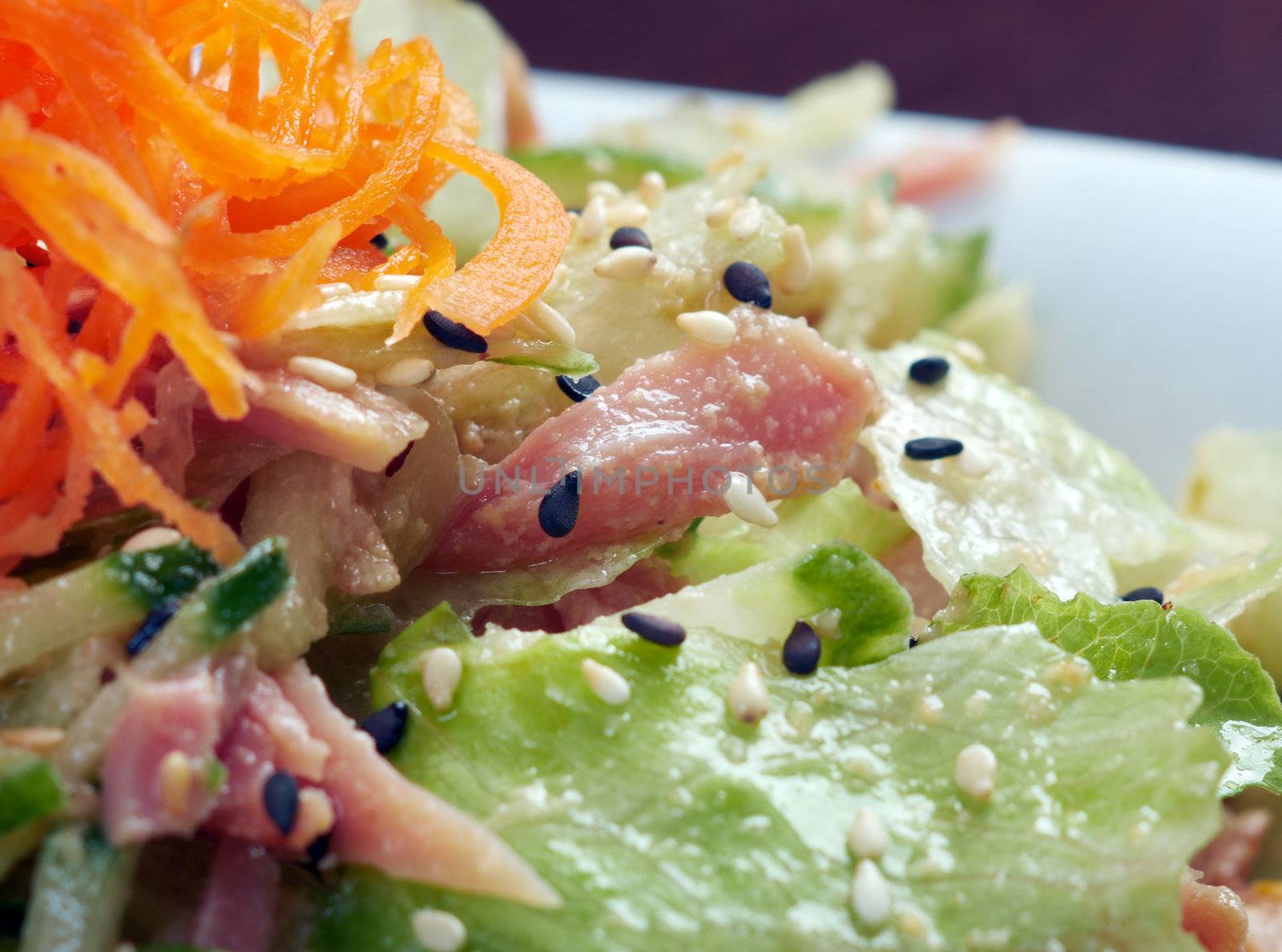 Japan salad with smoked chicken and vegetables   closeup