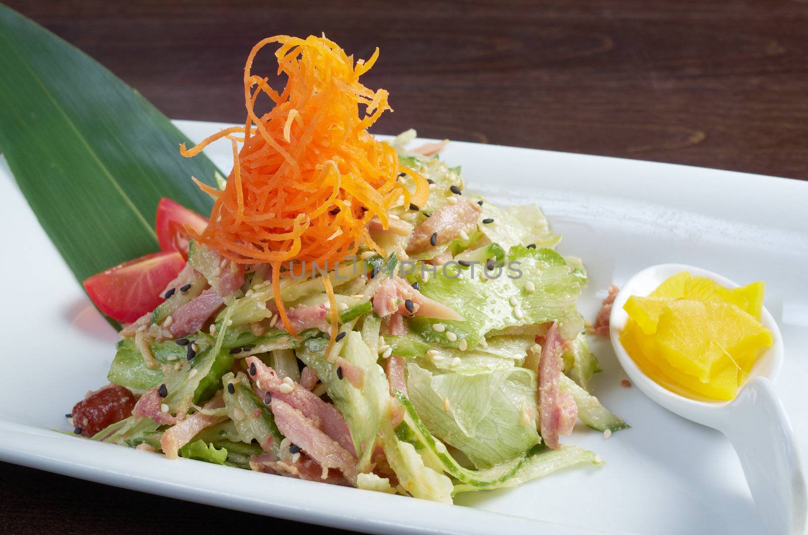 Japan salad with smoked chicken and vegetables   closeup