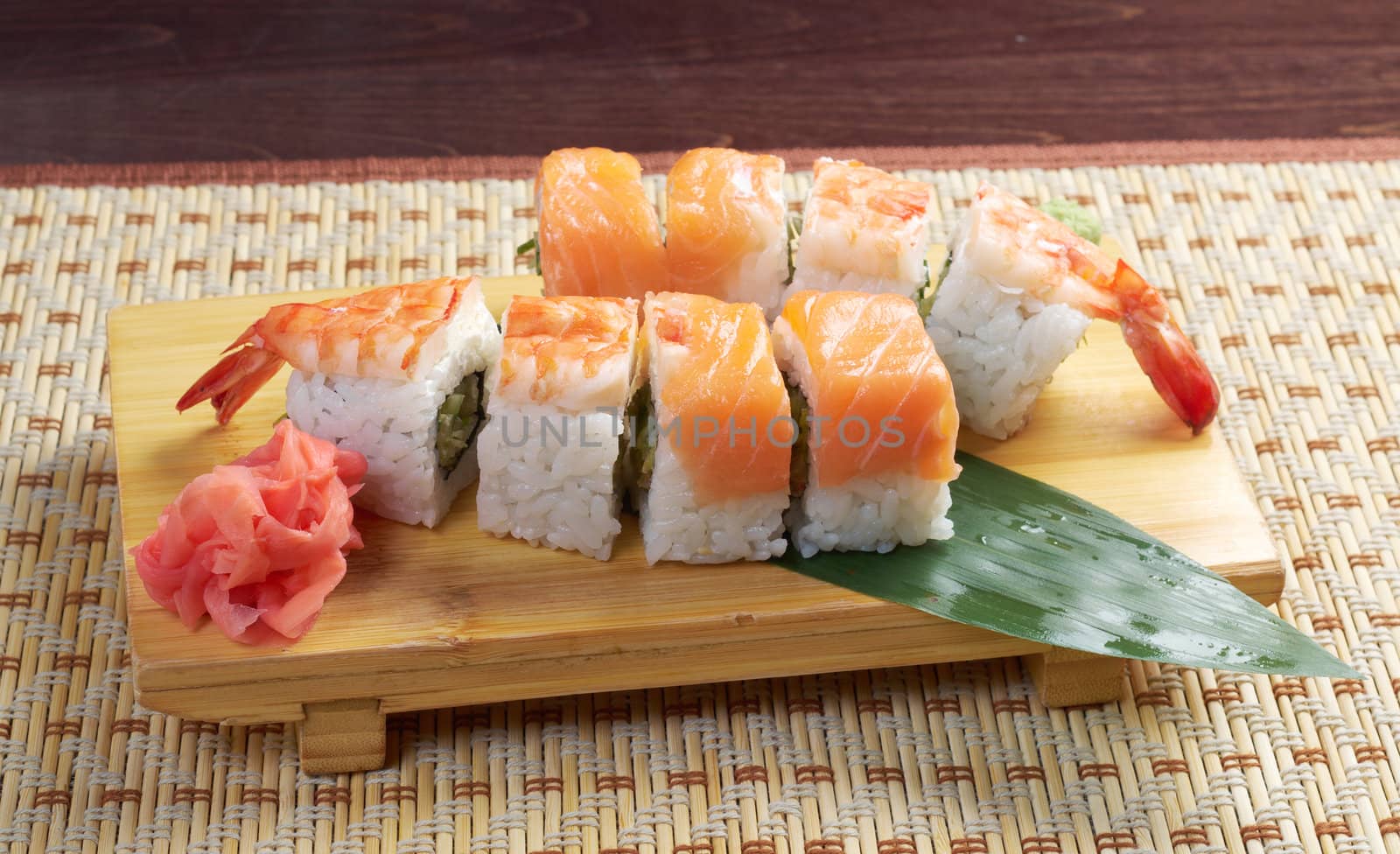 Japanese sushi . traditional japanese food.Roll made of salmon and prawn