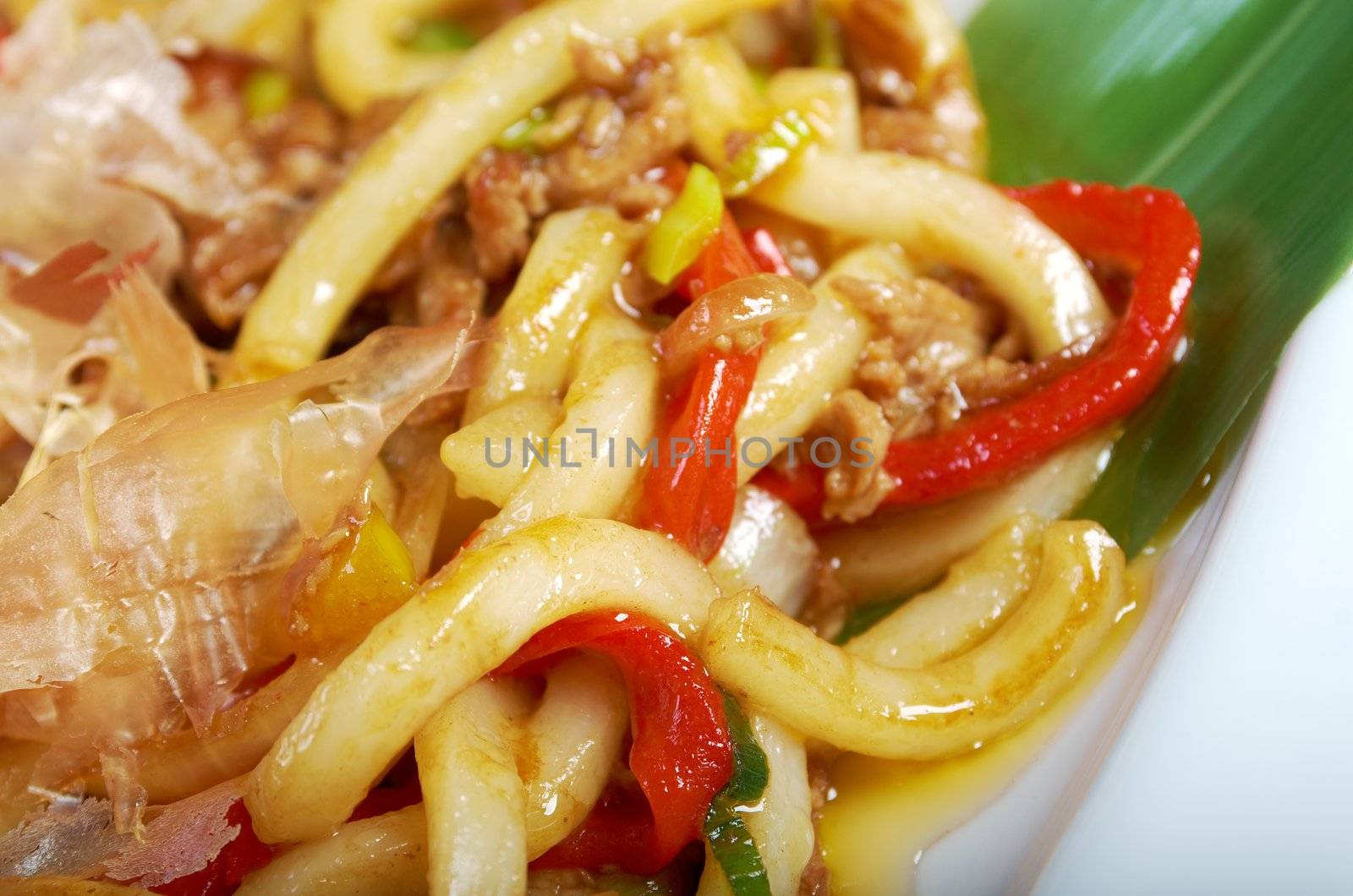 Japanese cuisine .udon with meat and vegetables