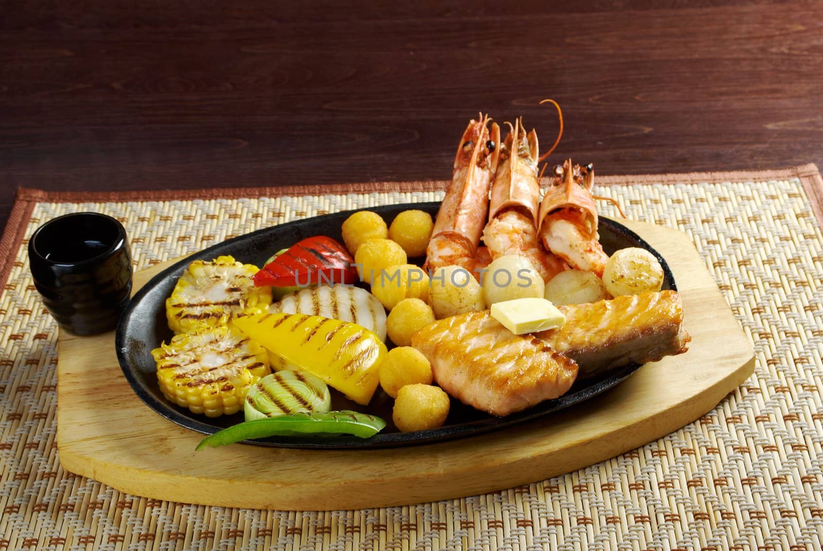 Japanese cuisine .Salmon Steak with royal prawn