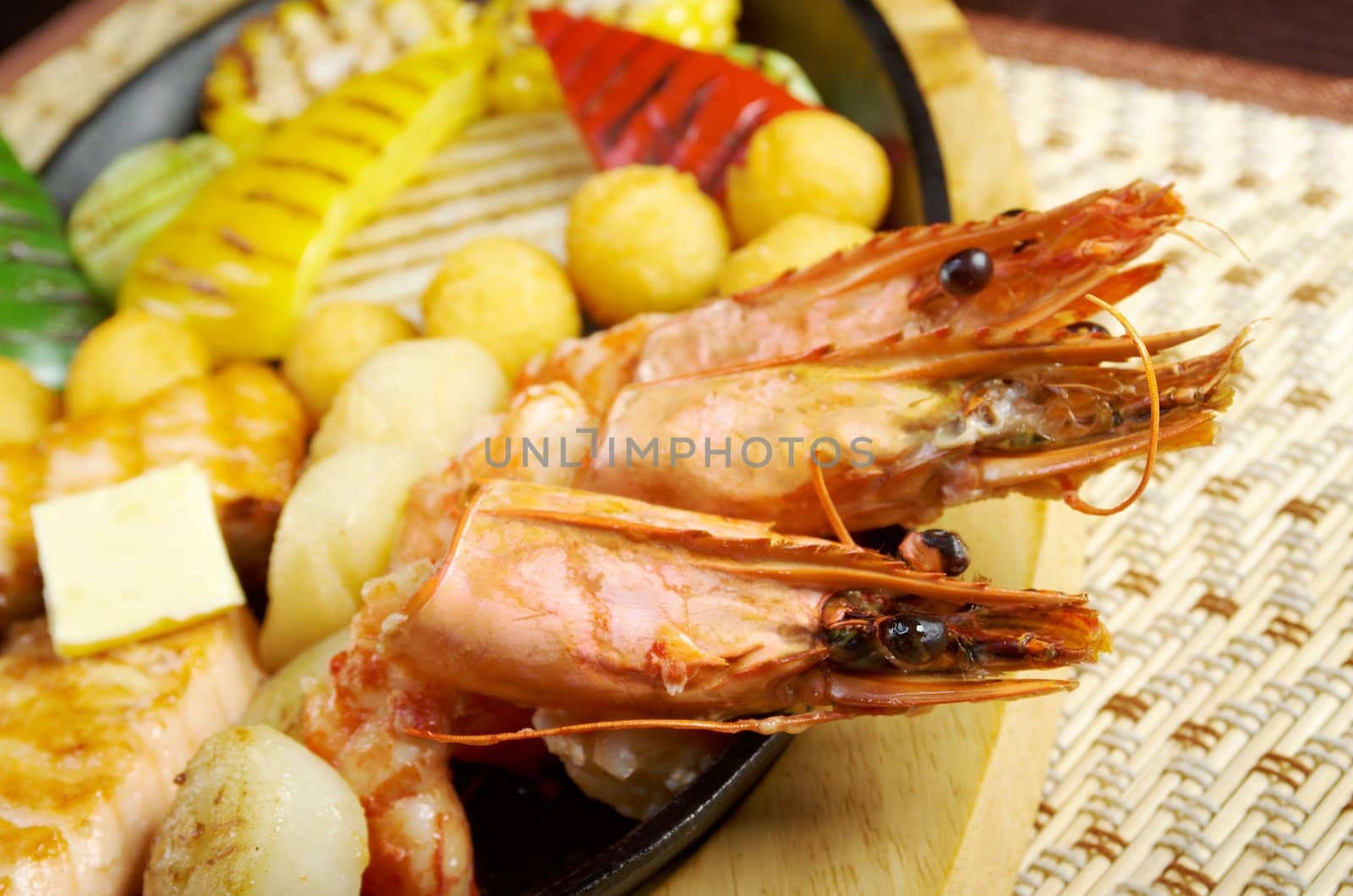 Japanese cuisine .Salmon Steak with royal prawn