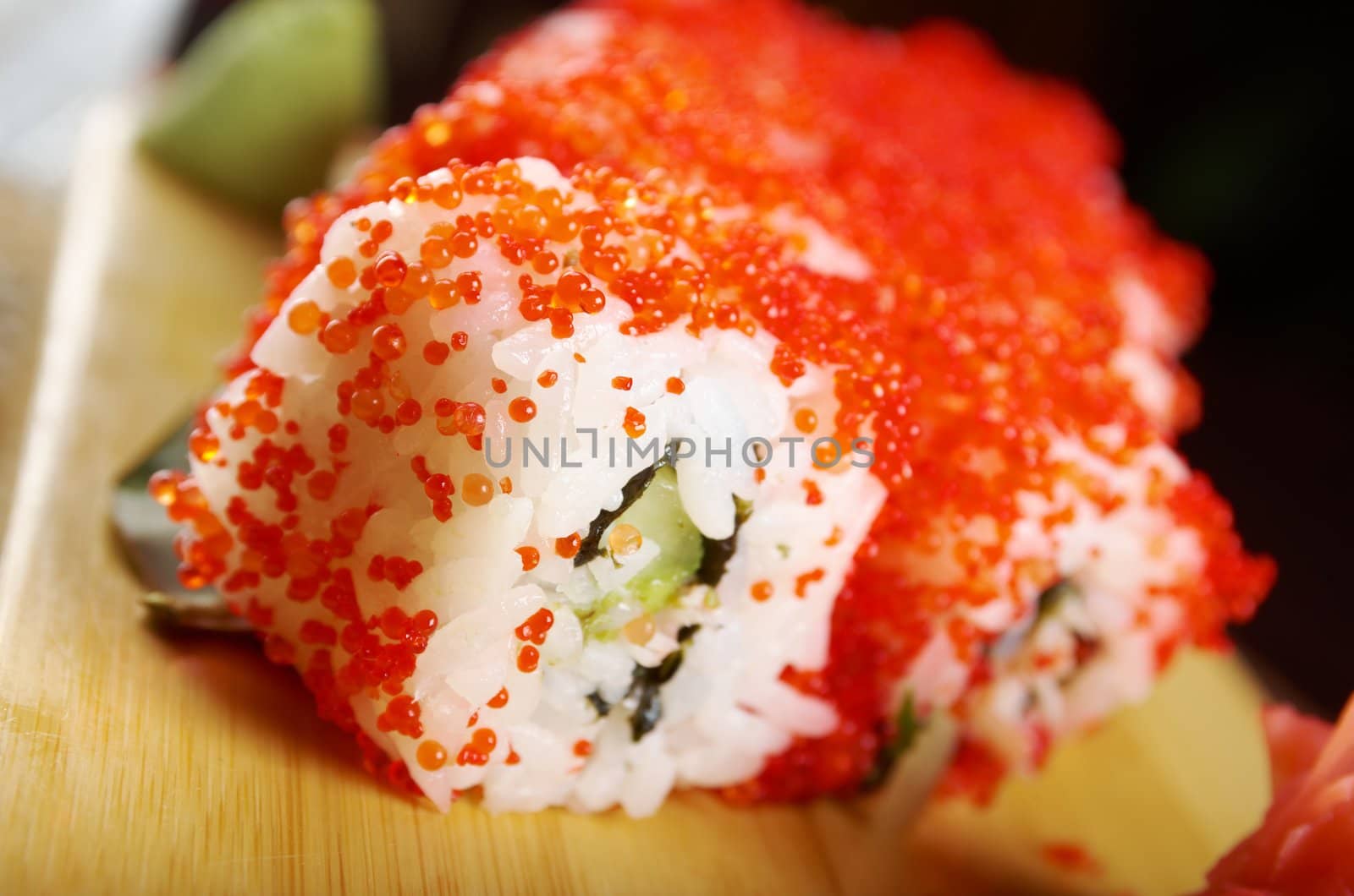Japanese sushi  traditional japanese food.Roll made of Smoked fish and red roe