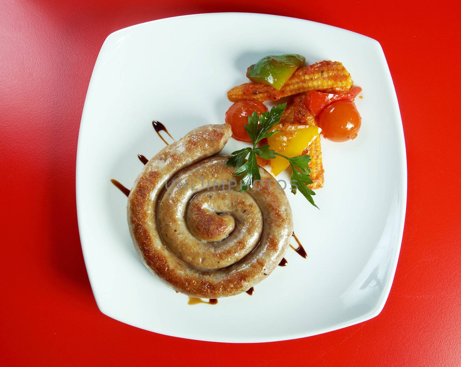 Sausage making roasted with vegetable
