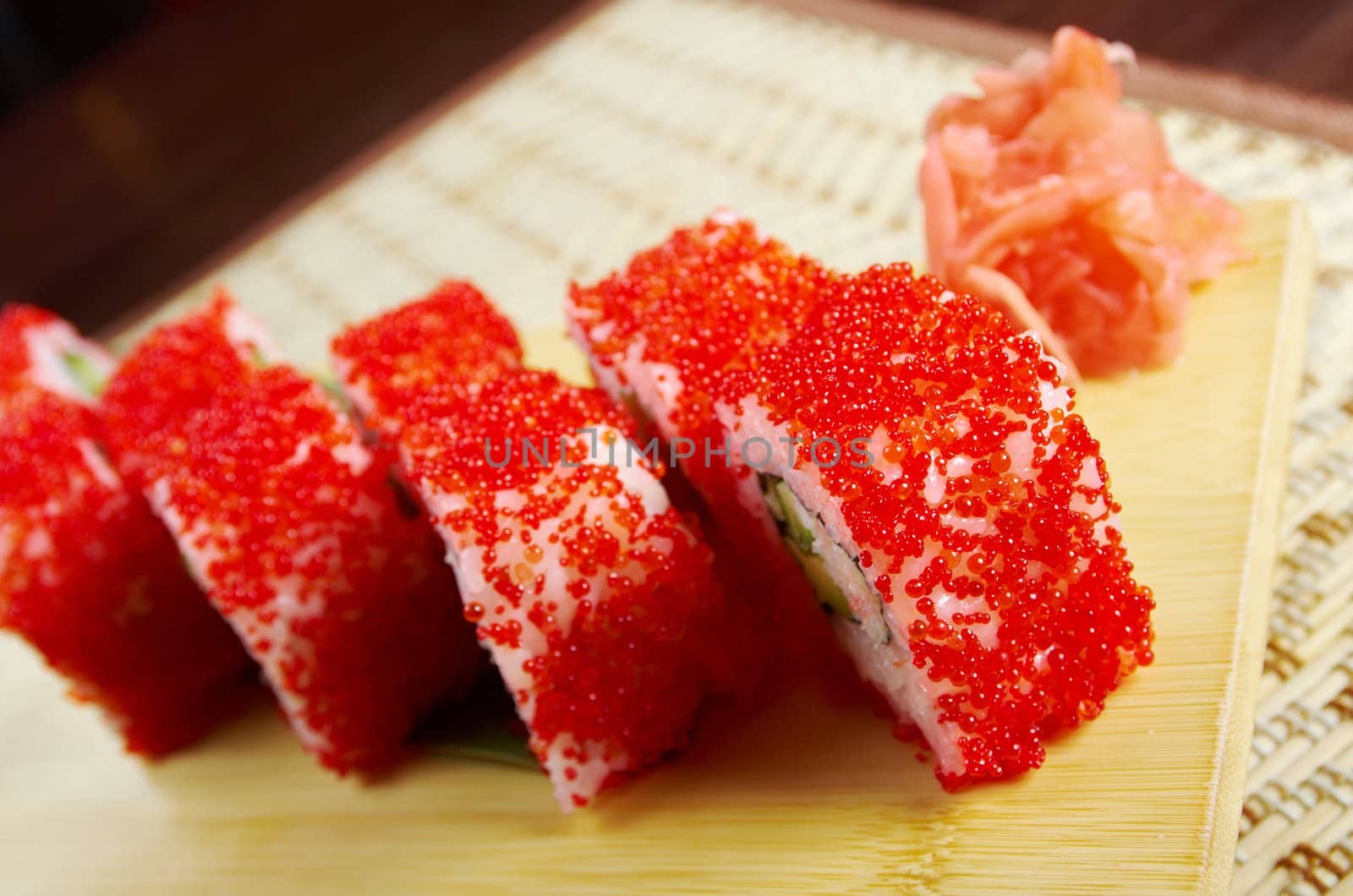 Japanese sushi  traditional japanese food.Roll made of Smoked fish and red roe
