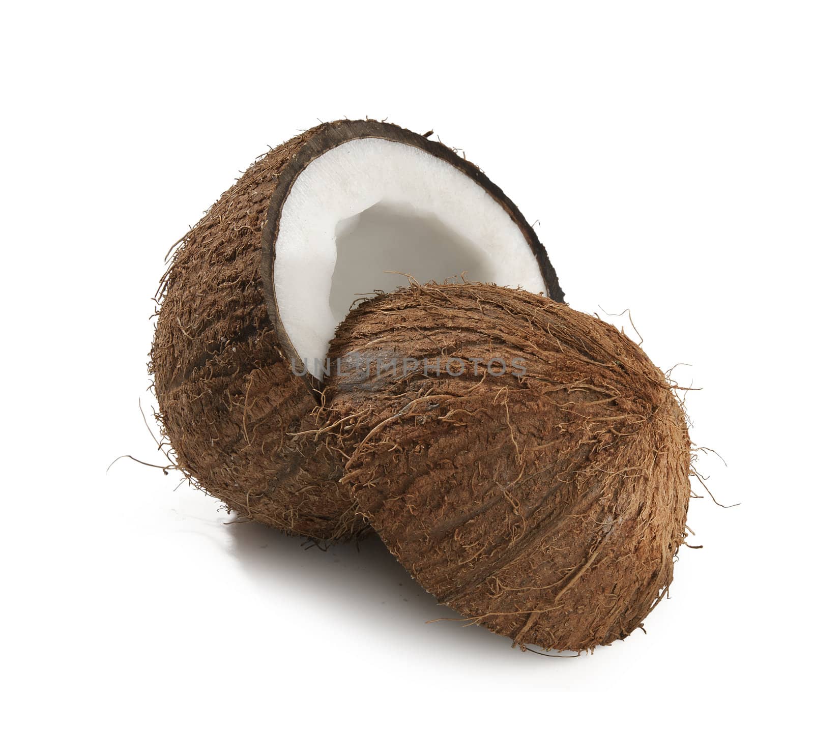 One opened coconut on the white background