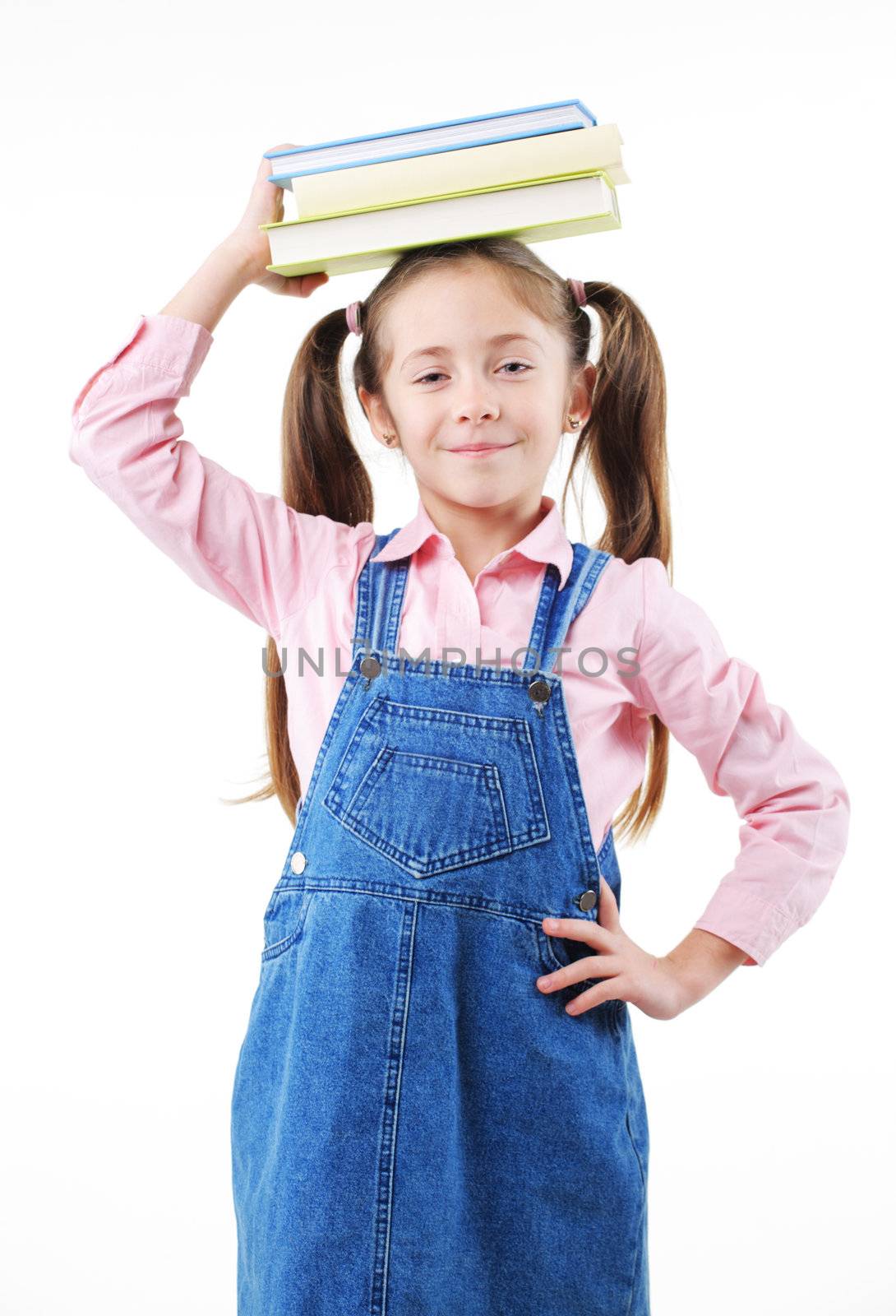 Cute girl with book on white background