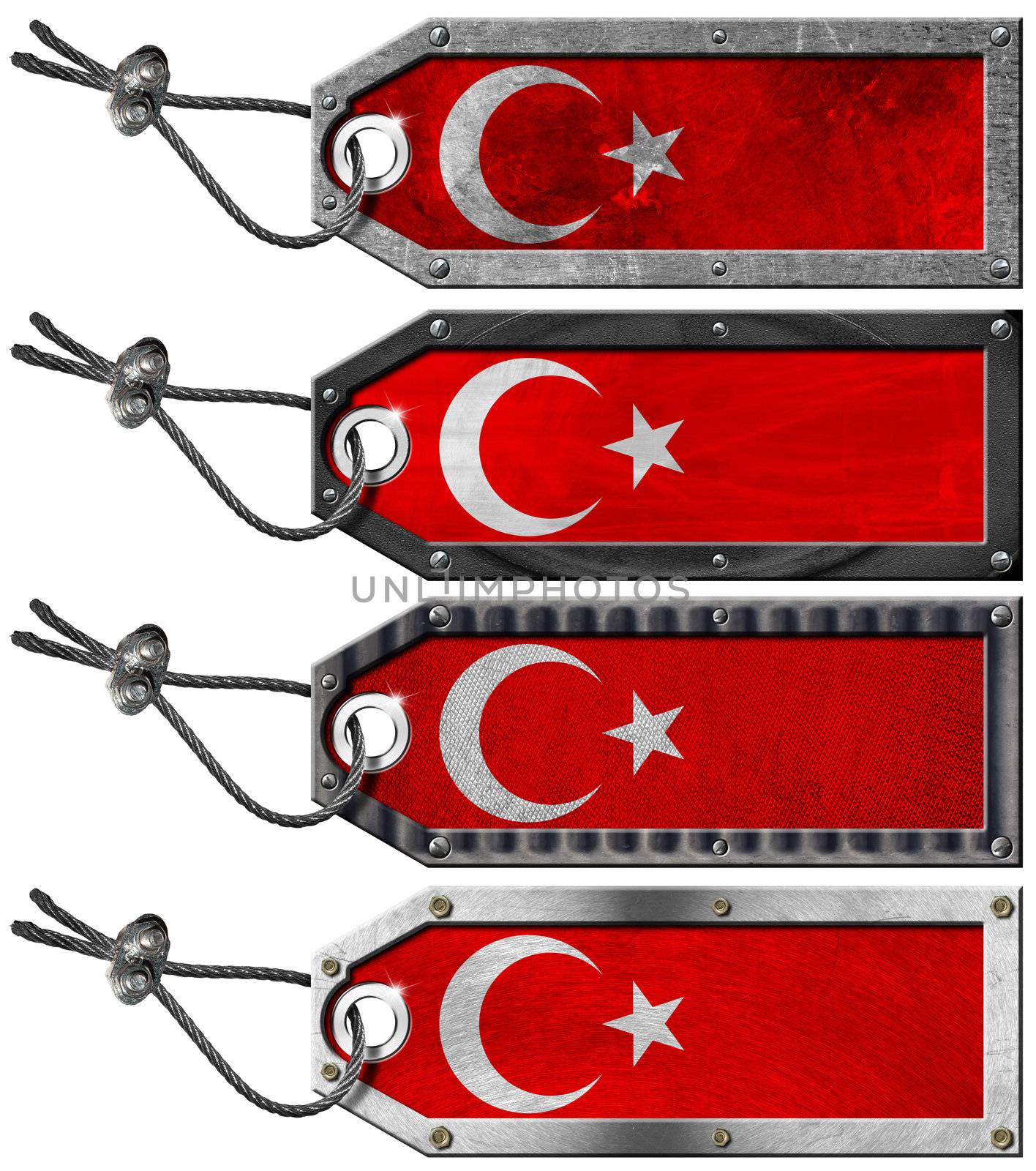 Four grunge metallic tags with Turkish flags, steel cable and metal rivets
