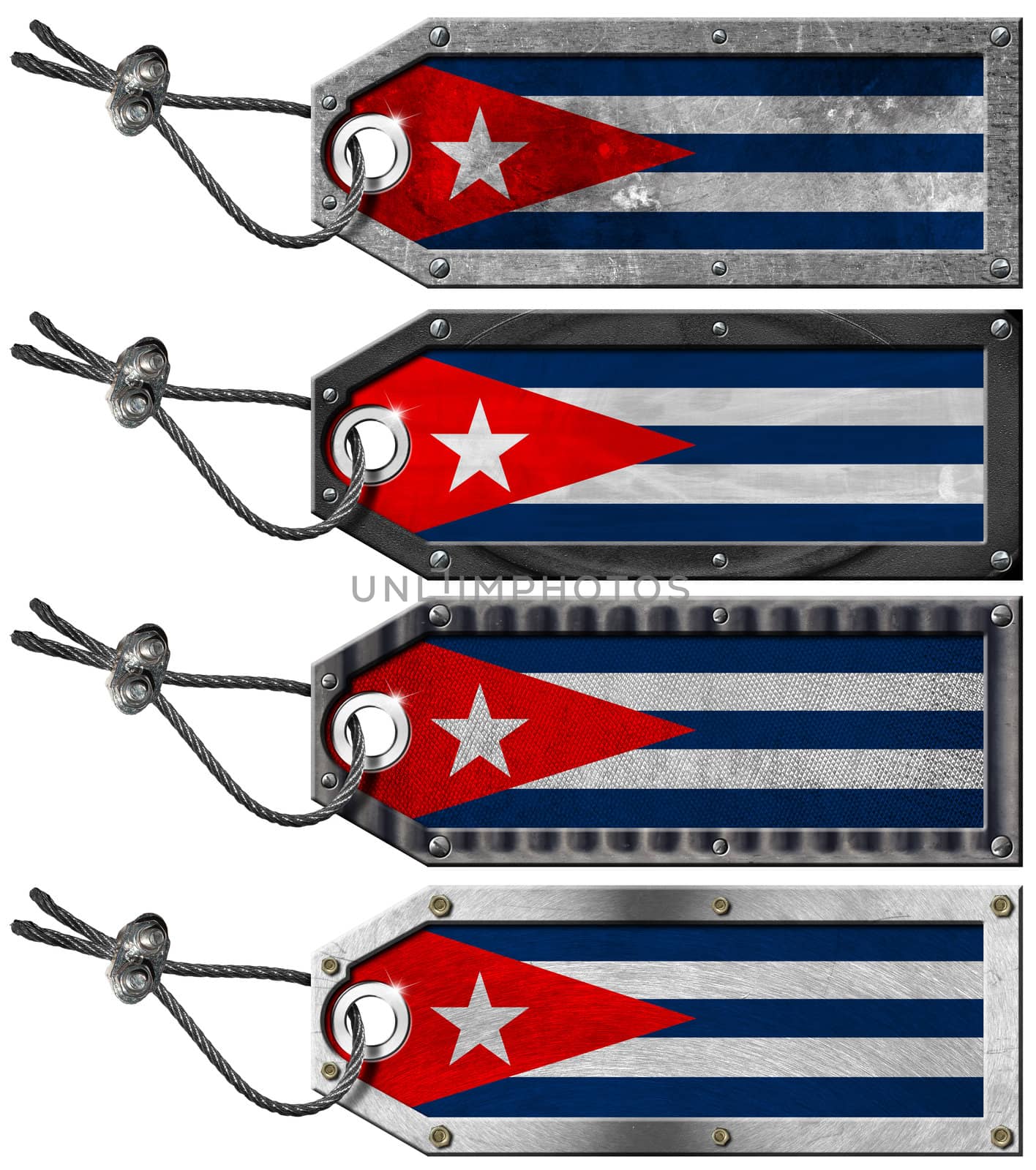 Four grunge metallic tags with Cuban flags, steel cable and metal rivets